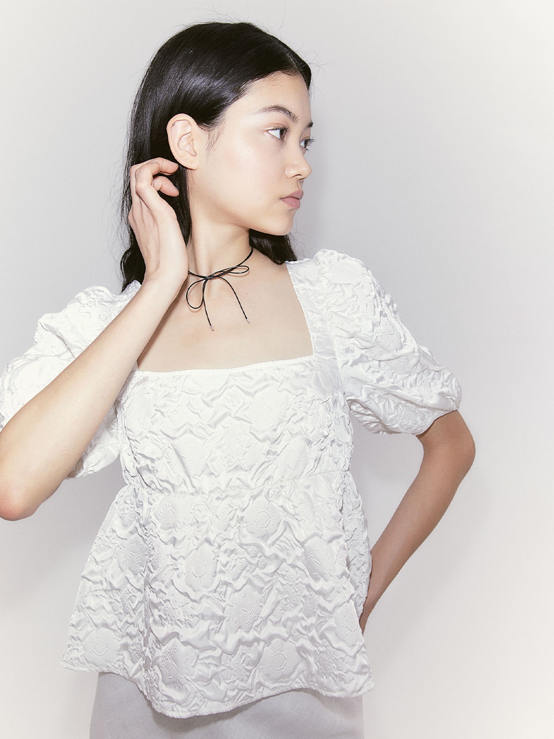 

H&M Tie-Detail Puff-Sleeved Blouse, White