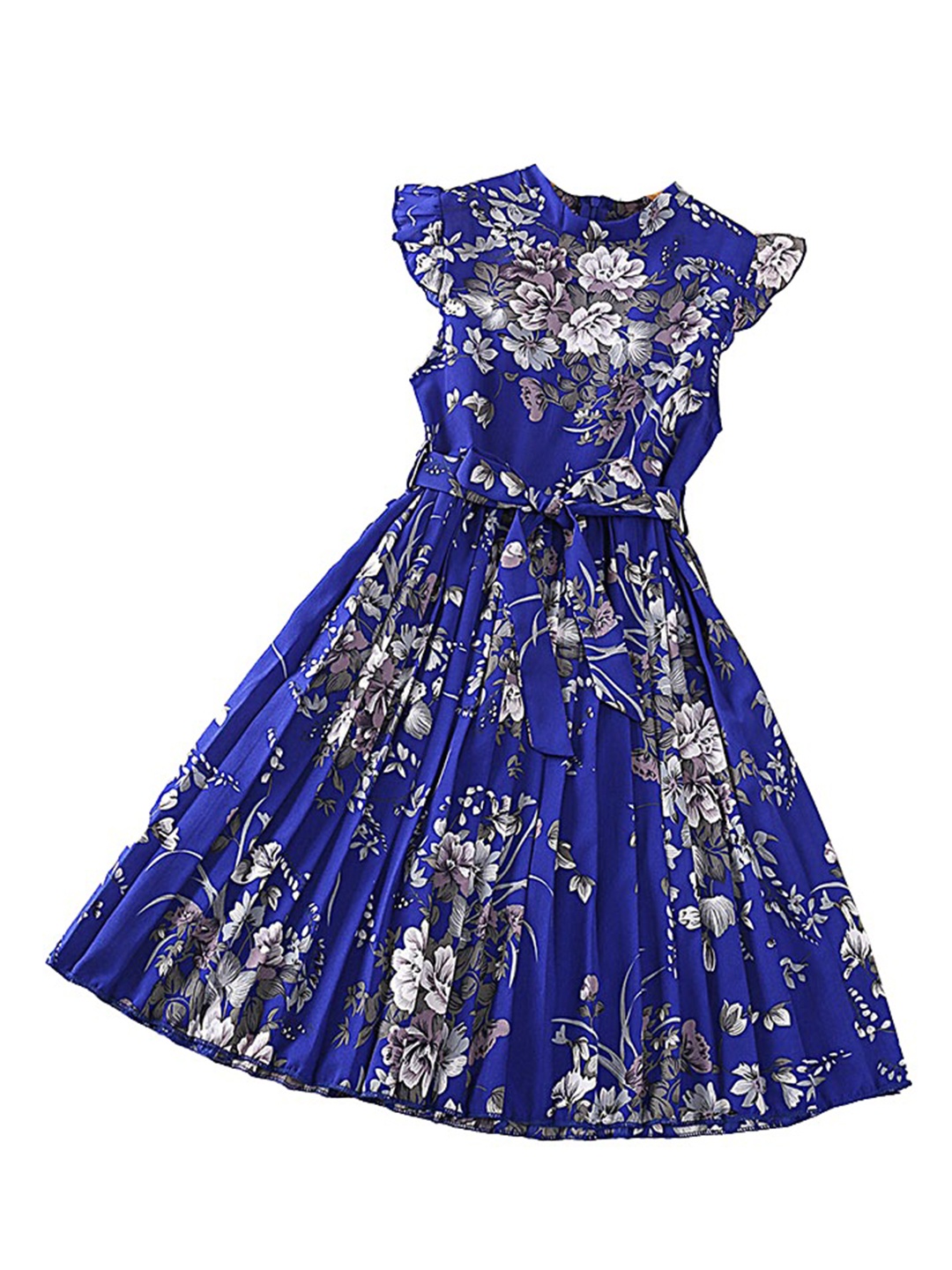 

StyleCast x Revolte Floral Printed Cap Sleeves Pleated Fit & Flare Midi Dress, Blue