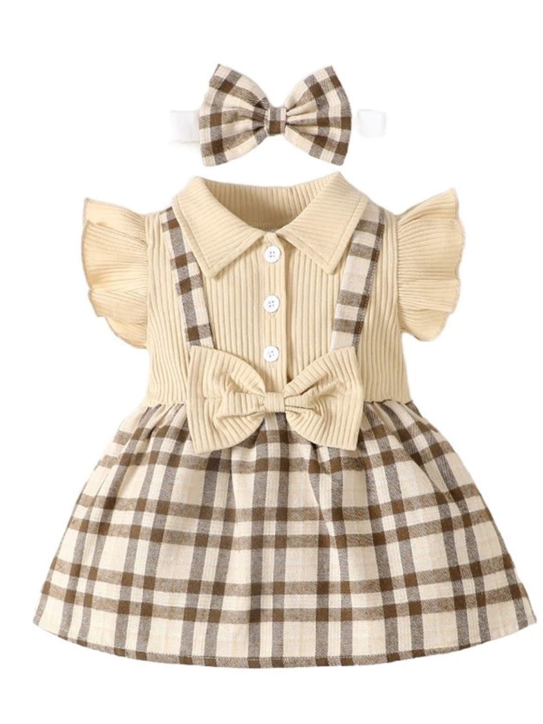 

StyleCast x Revolte Girls Checked Flared Sleeve Cotton Pinafore Dress, Beige