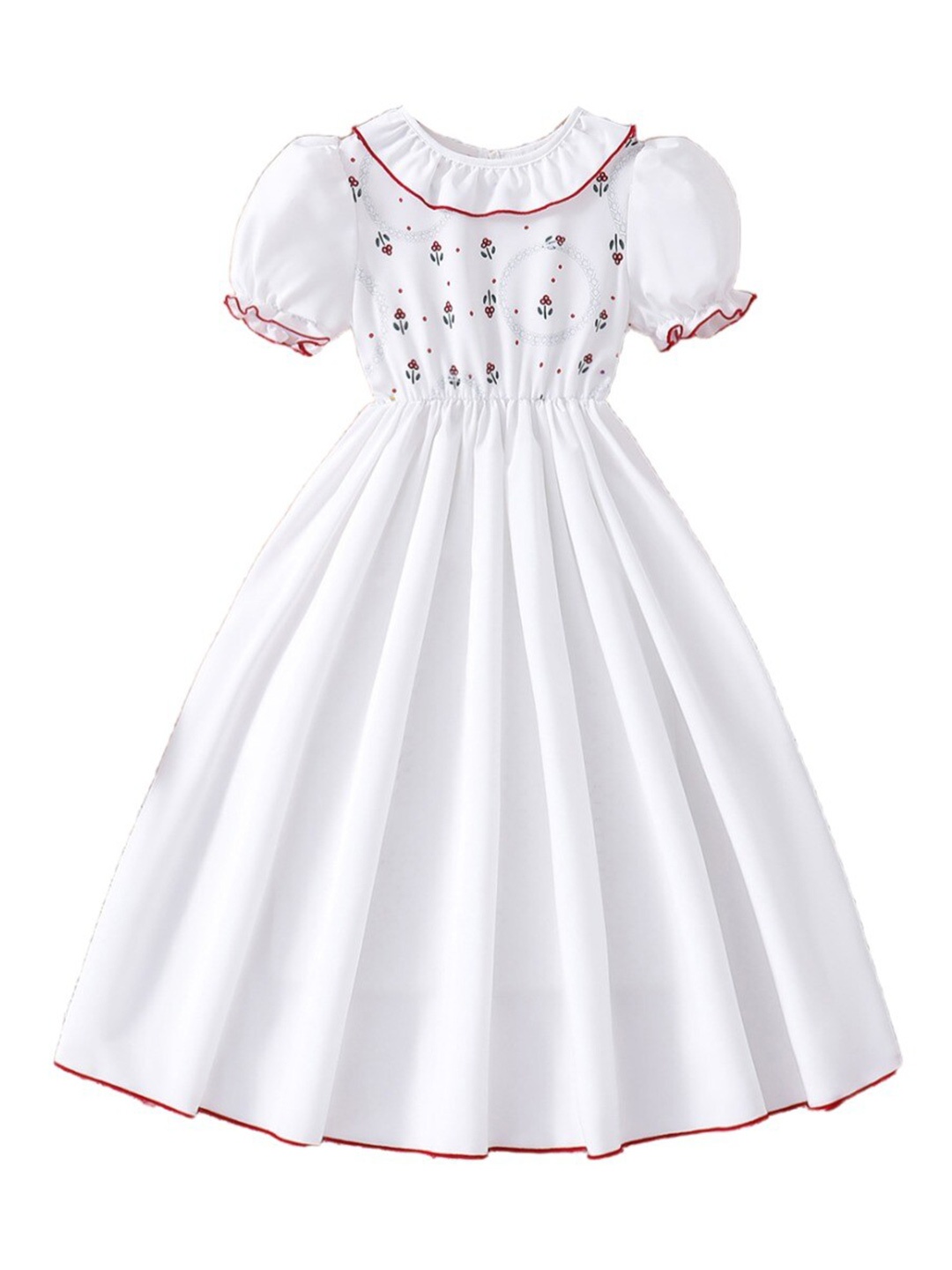 

StyleCast x Revolte Girls White & Red Floral Printed Puff Sleeves Ruffles Maxi Dress