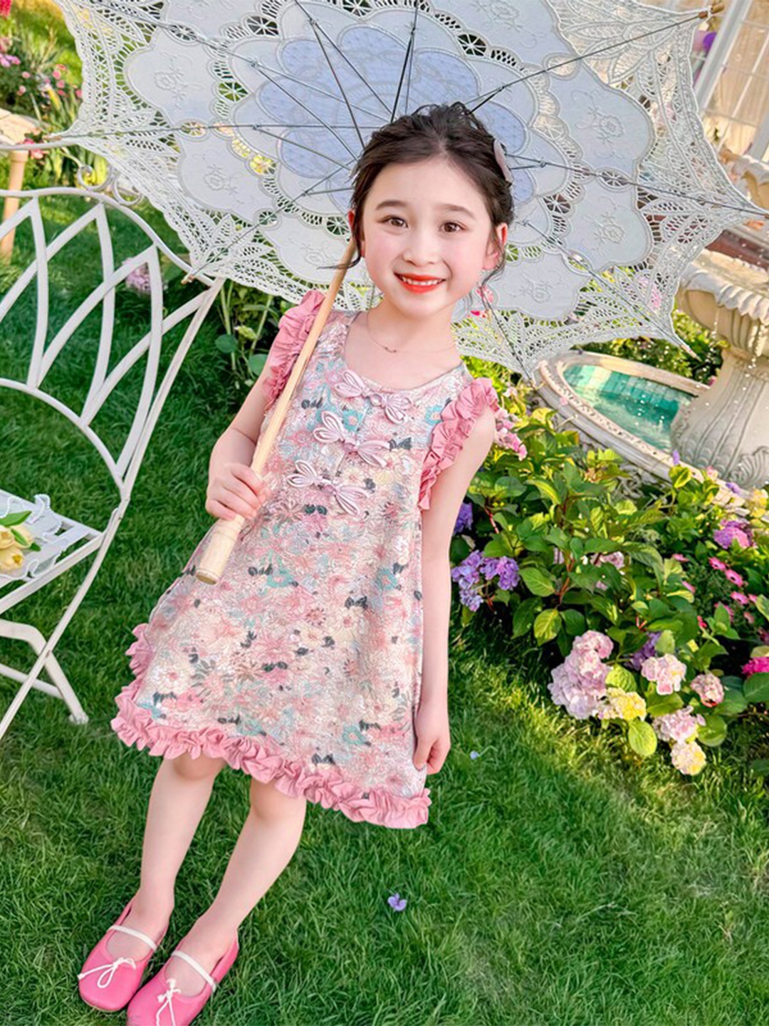 

StyleCast x Revolte Girl Pink Round Neck Ruffled Bow Floral Print A-Line Dress