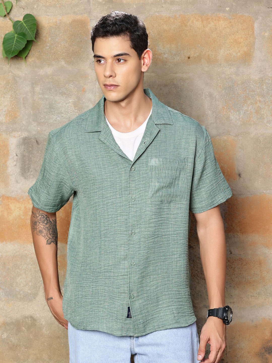

The Roadster Lifestyle Co. Premium Green Cuban Collar Oversized Shirt