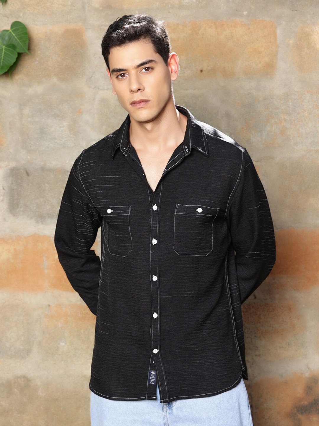 

The Roadster Lifestyle Co Premium Black Self Design Spread Collar Shirt