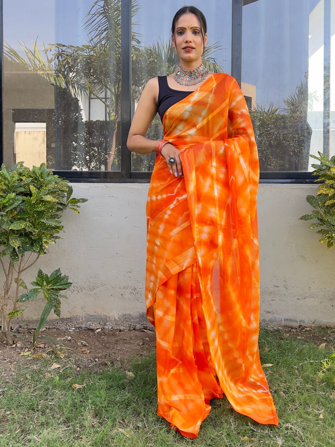 

LeeliPeeri Designer Tie and Dye Poly Georgette Ready to Wear Saree, Orange