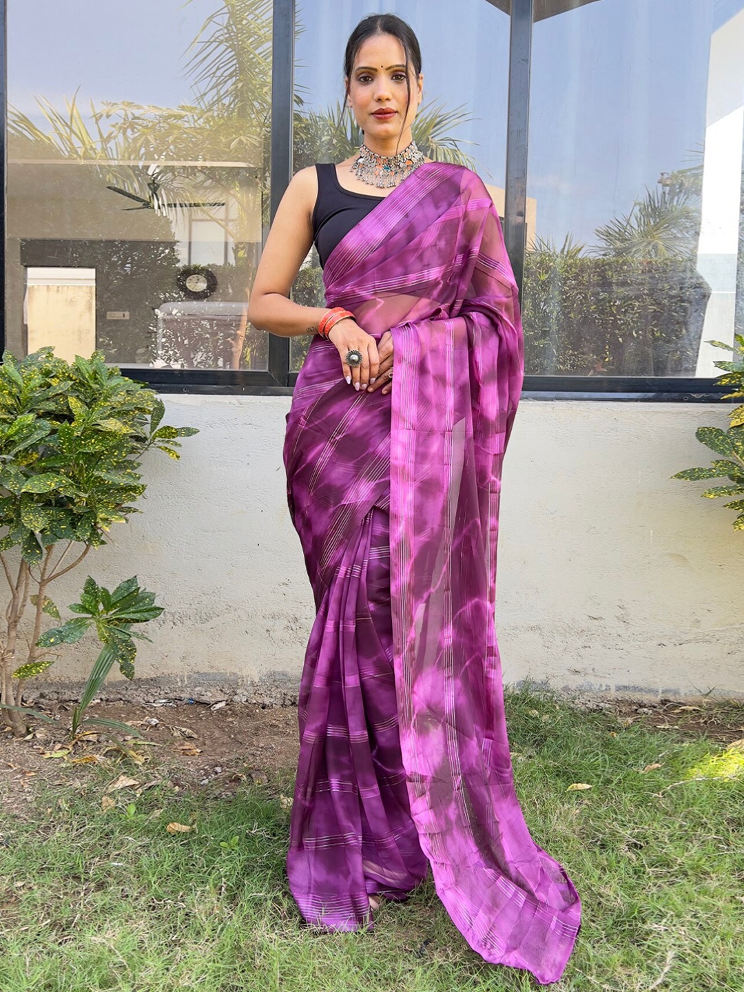 

LeeliPeeri Designer Tie and Dye Poly Georgette Ready to Wear Saree, Purple