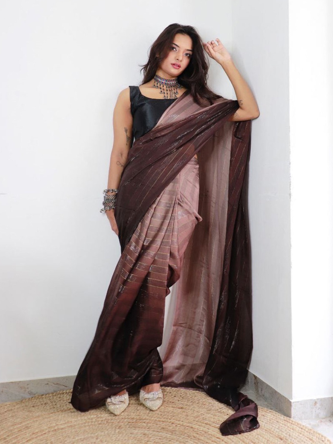 

LeeliPeeri Designer Ombre Poly Georgette Ready to Wear Saree, Brown