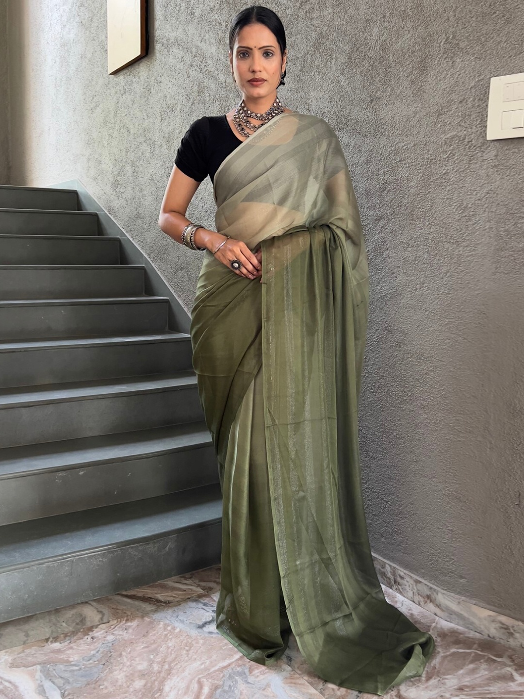 

LeeliPeeri Designer Ombre Poly Georgette Ready to Wear Saree, Olive