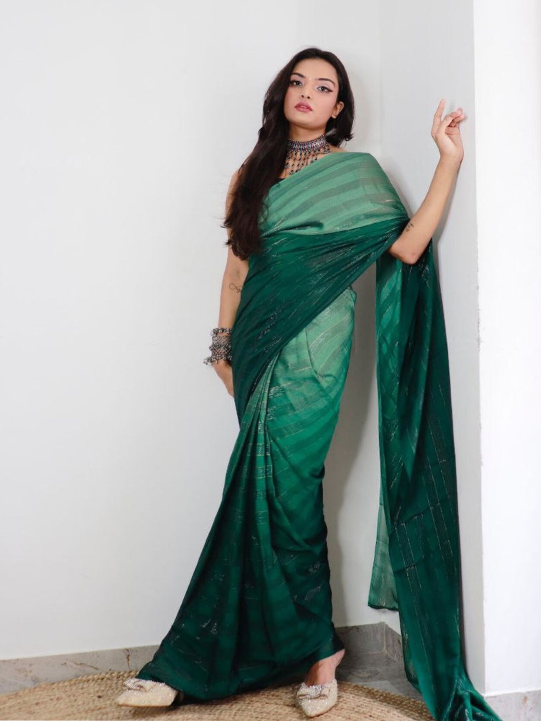 

LeeliPeeri Designer Ombre Poly Georgette Ready to Wear Saree, Teal