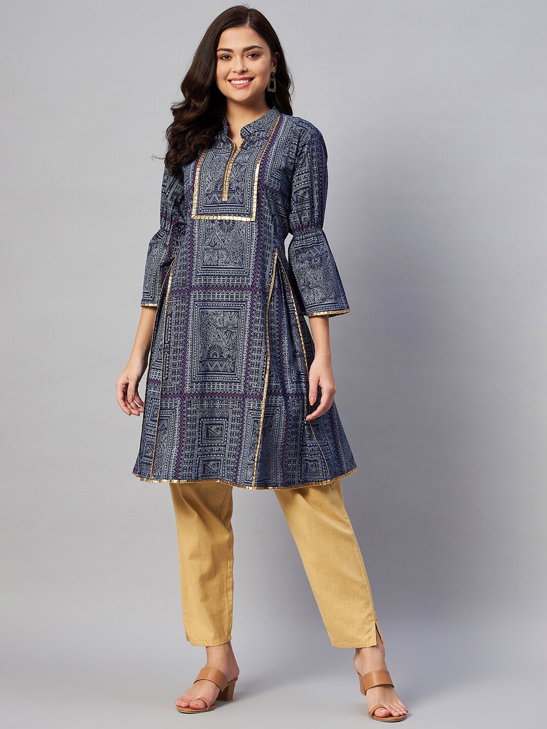 

KALINI Ethnic Motifs Print Cotton Bell Sleeve A-Line Kurta, Blue