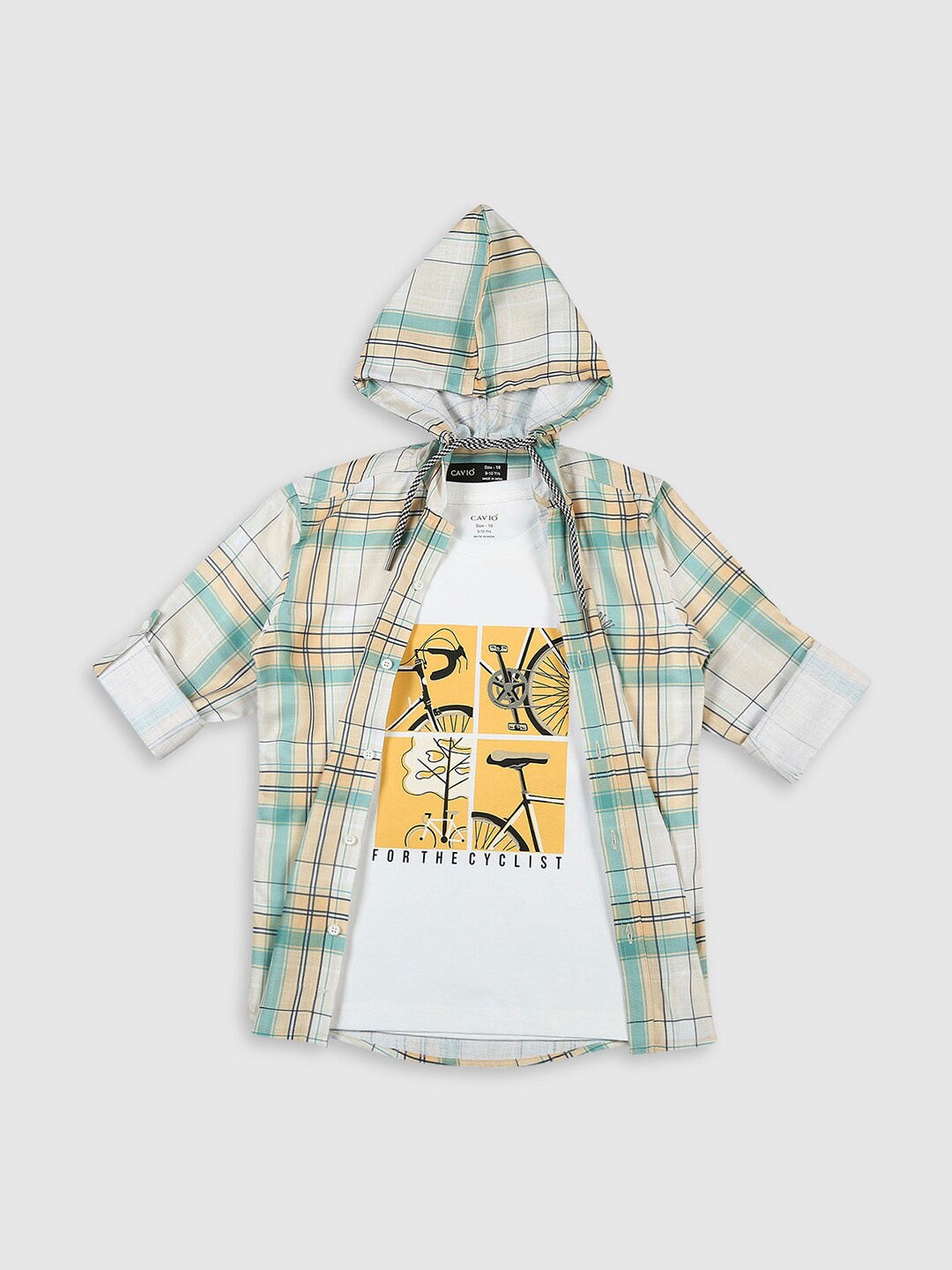 

CAVIO Boys Standard Tartan Checks Hooded Casual Shirt & T-Shirt, Yellow