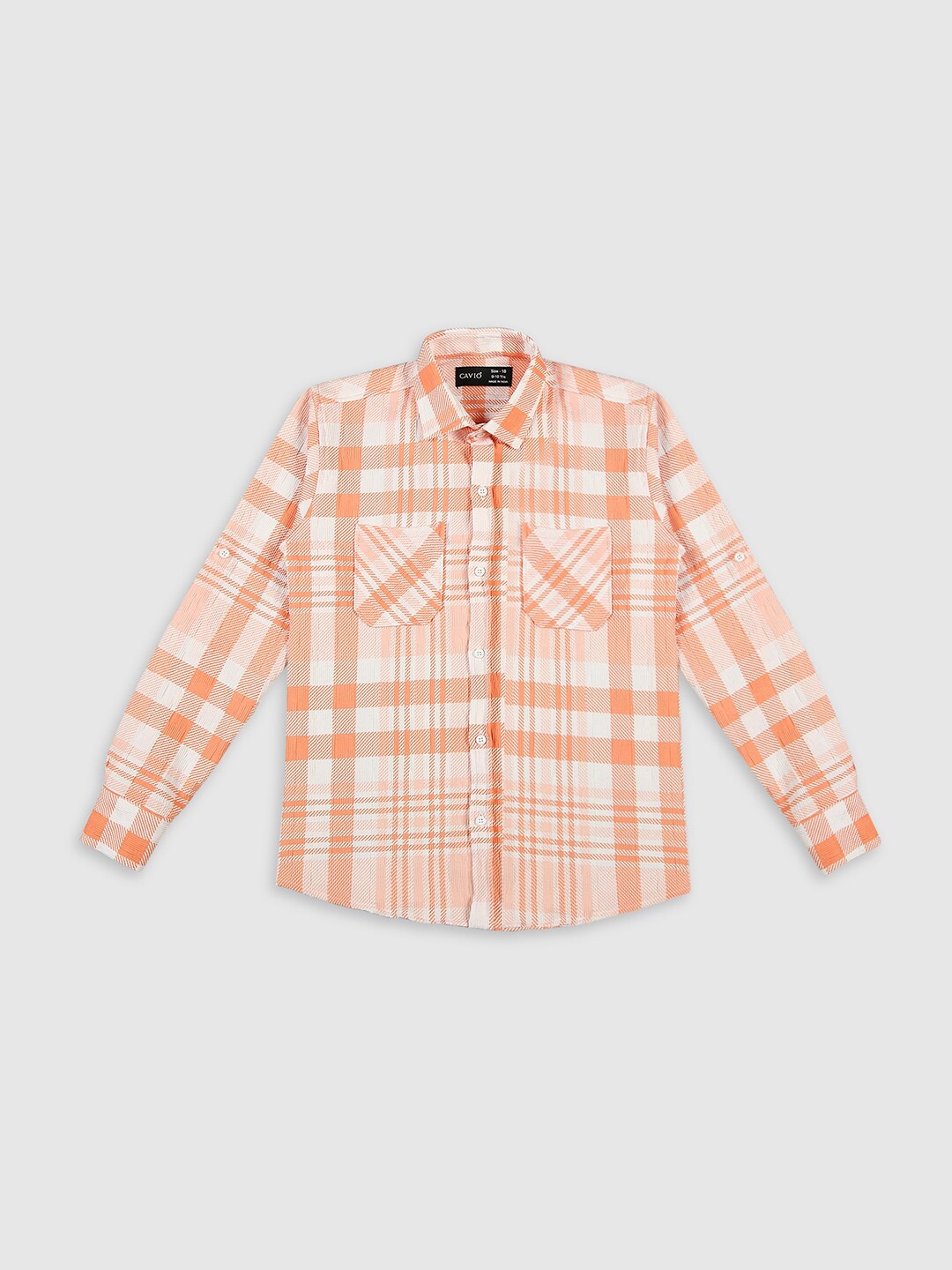 

CAVIO Boys Standard Tartan Checks Roll-Up Sleeves Casual Shirt, Orange