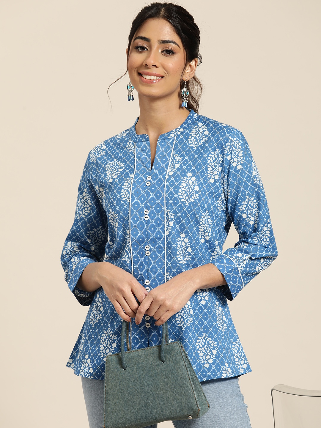 

HERE&NOW Floral Printed Pure Cotton Kurti, Blue