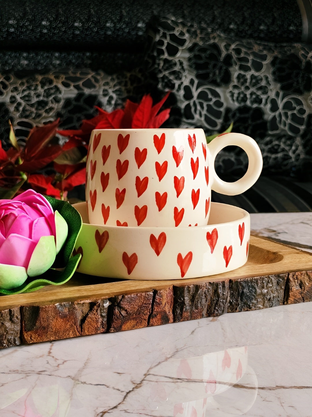 

NIYARA White & Red 2Pcs Printed Ceramic Matte Mug With Saucer 350ml