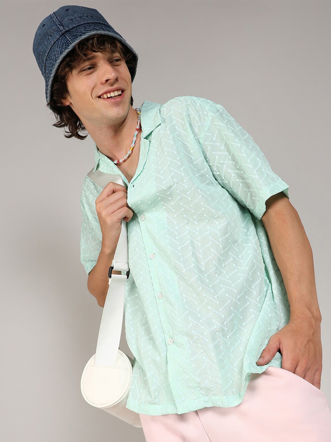 

Campus Sutra Green Classic Self Design Cuban Collar Casual Shirt