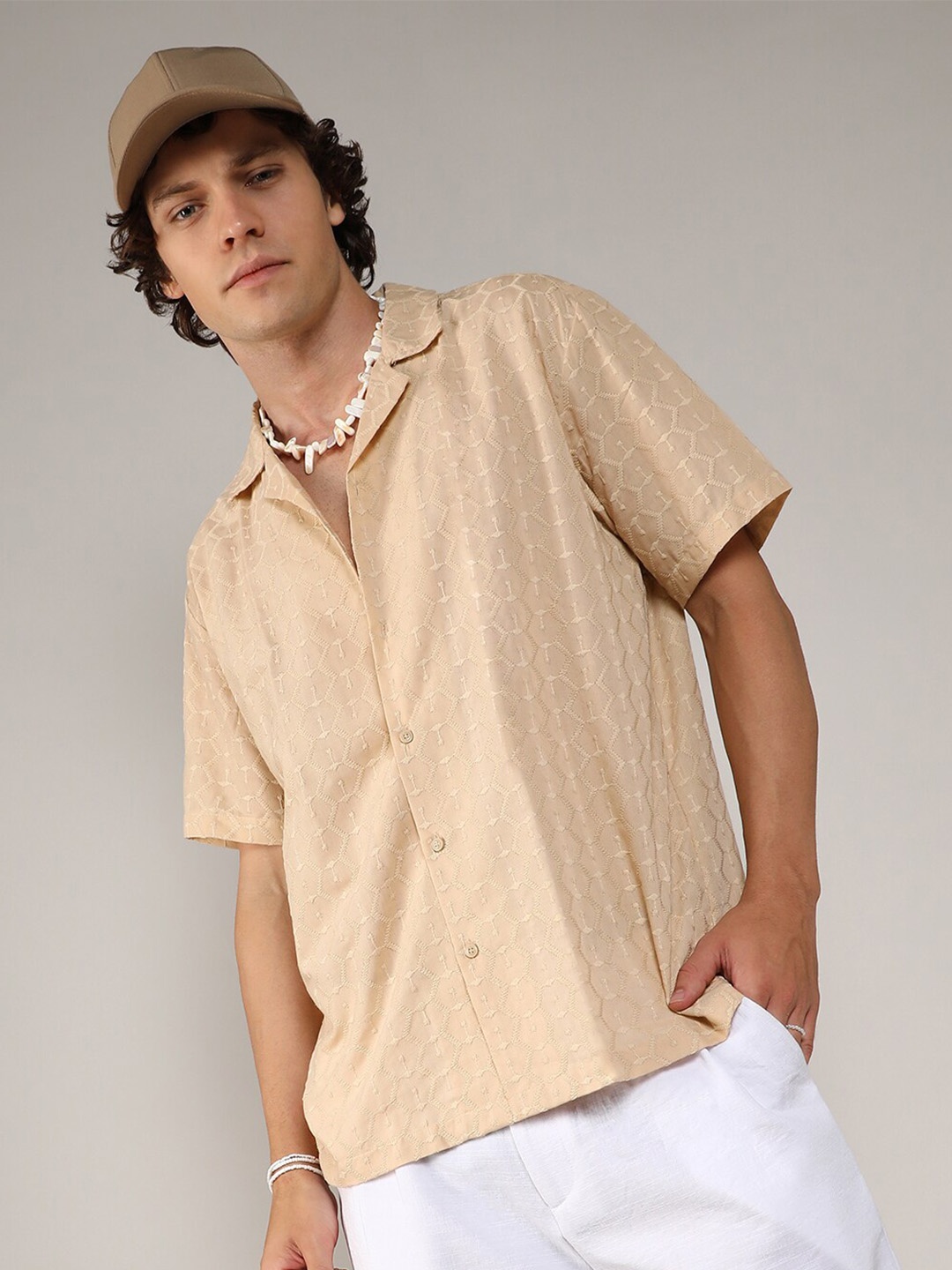 

Campus Sutra Beige Classic Cuban Collar Self Design Casual Shirt