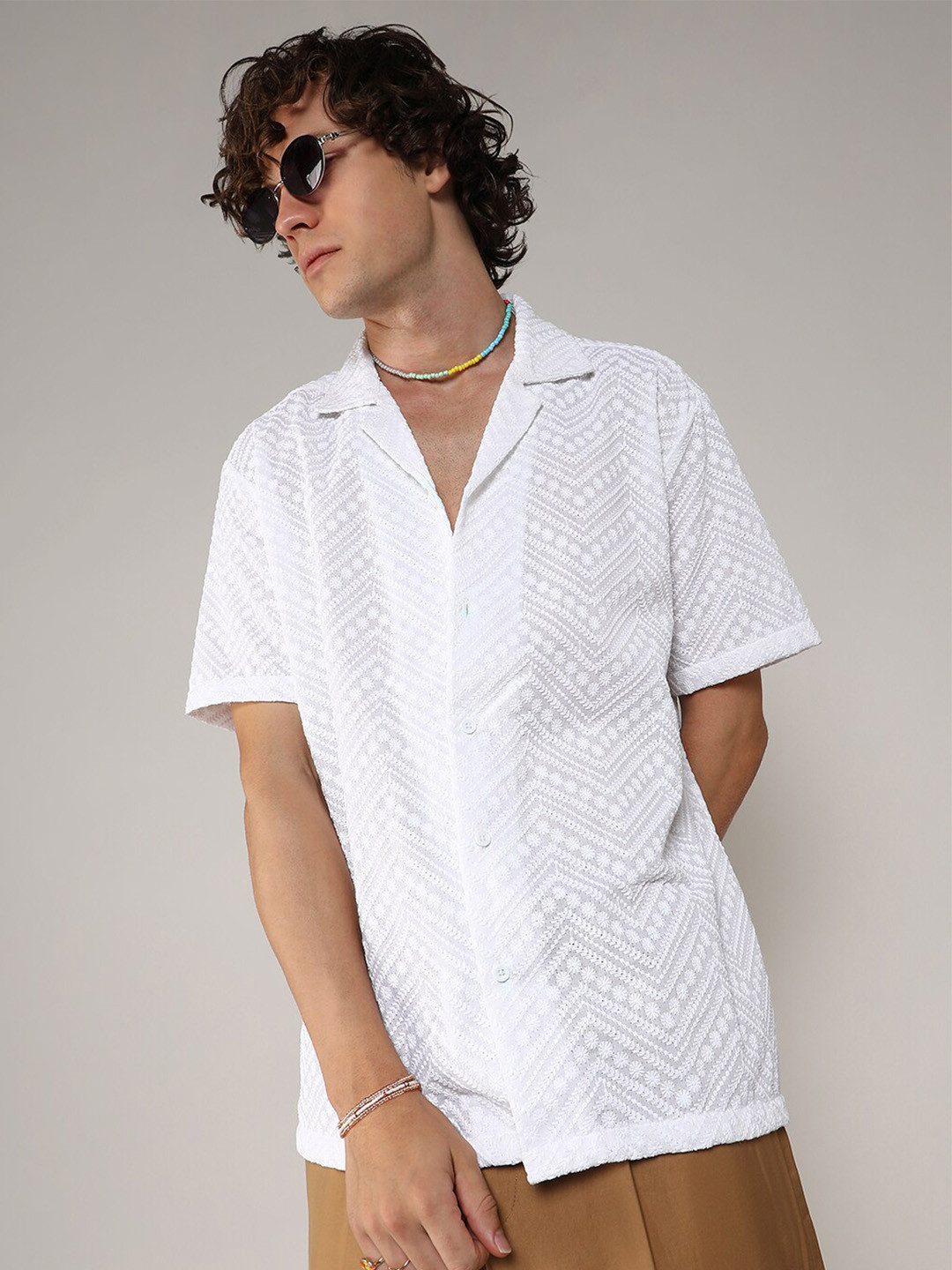 

Campus Sutra Classic Geometric Embroidered Zig-Zag Shirt, White