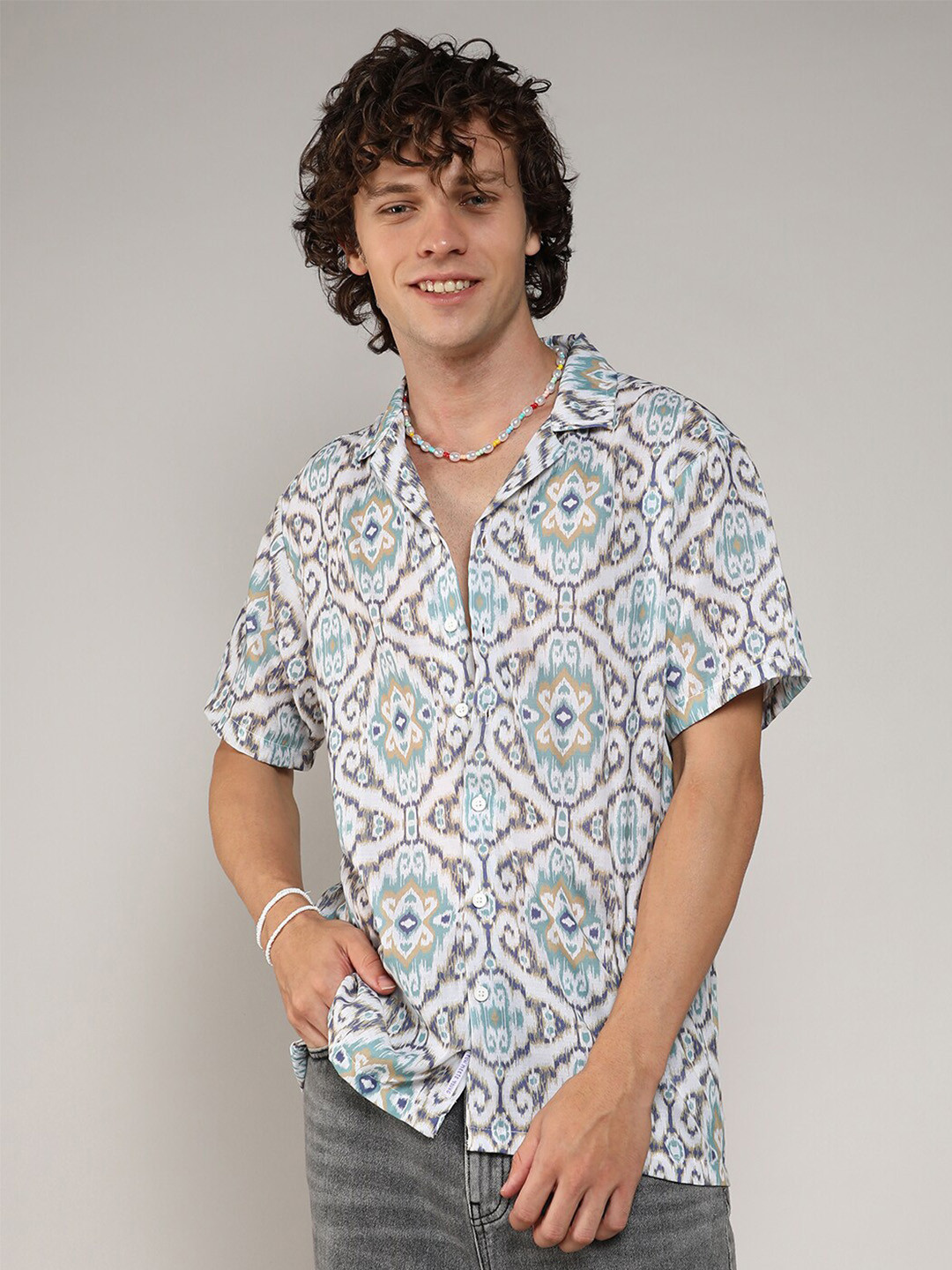 

Campus Sutra White Classic Ethnic Motifs Printed Cuban Collar Casual Shirt, Multi