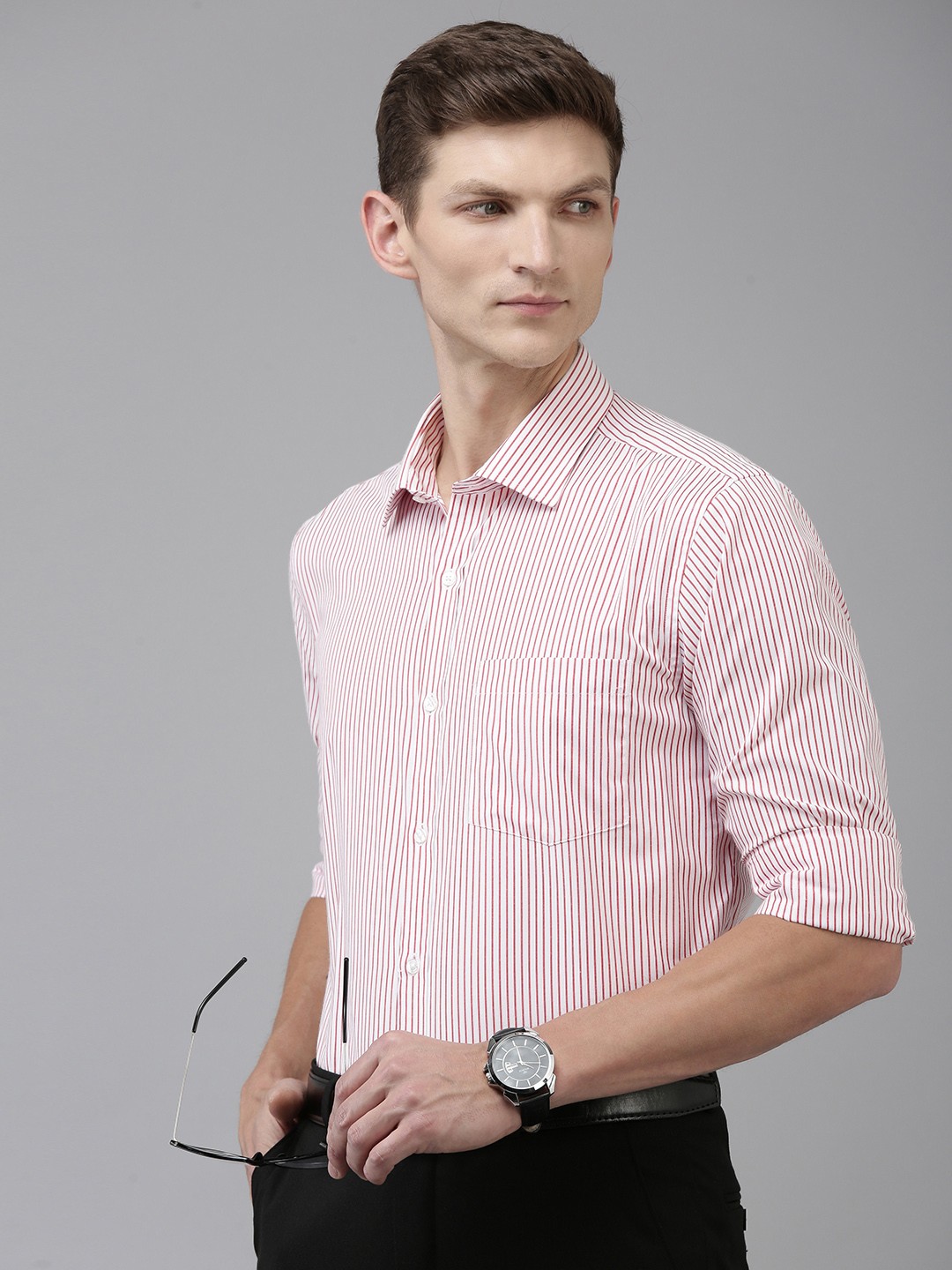 

Park Avenue Slim Fit Vertical Stripes Formal Shirt, Red