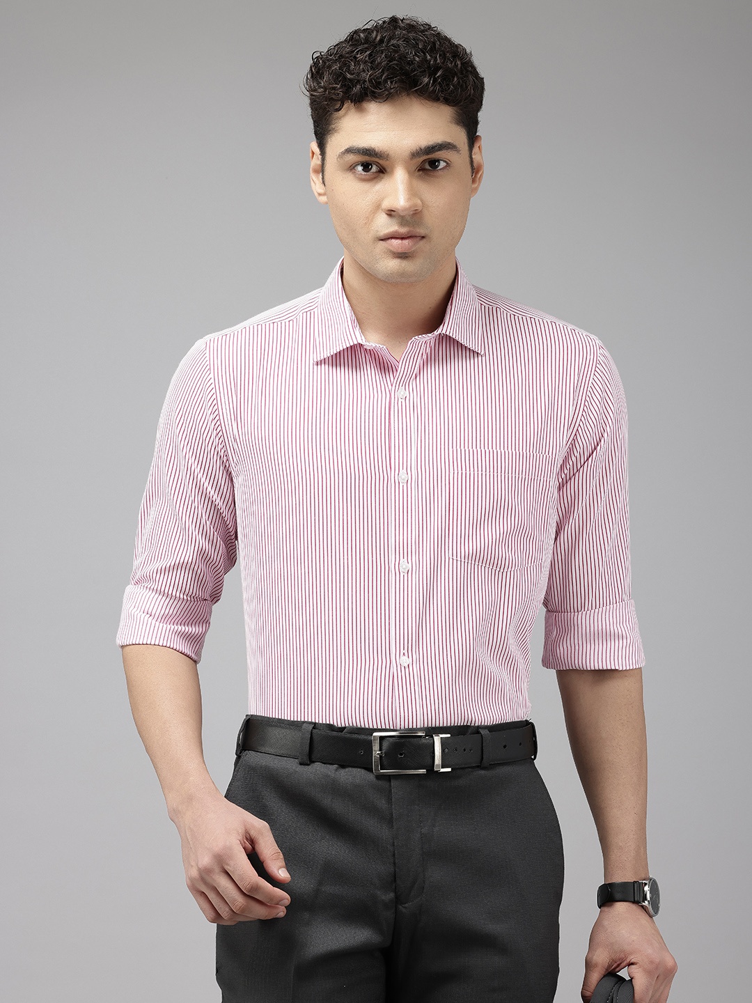 Park Avenue Slim Fit Opaque Striped Formal Shirt, Red