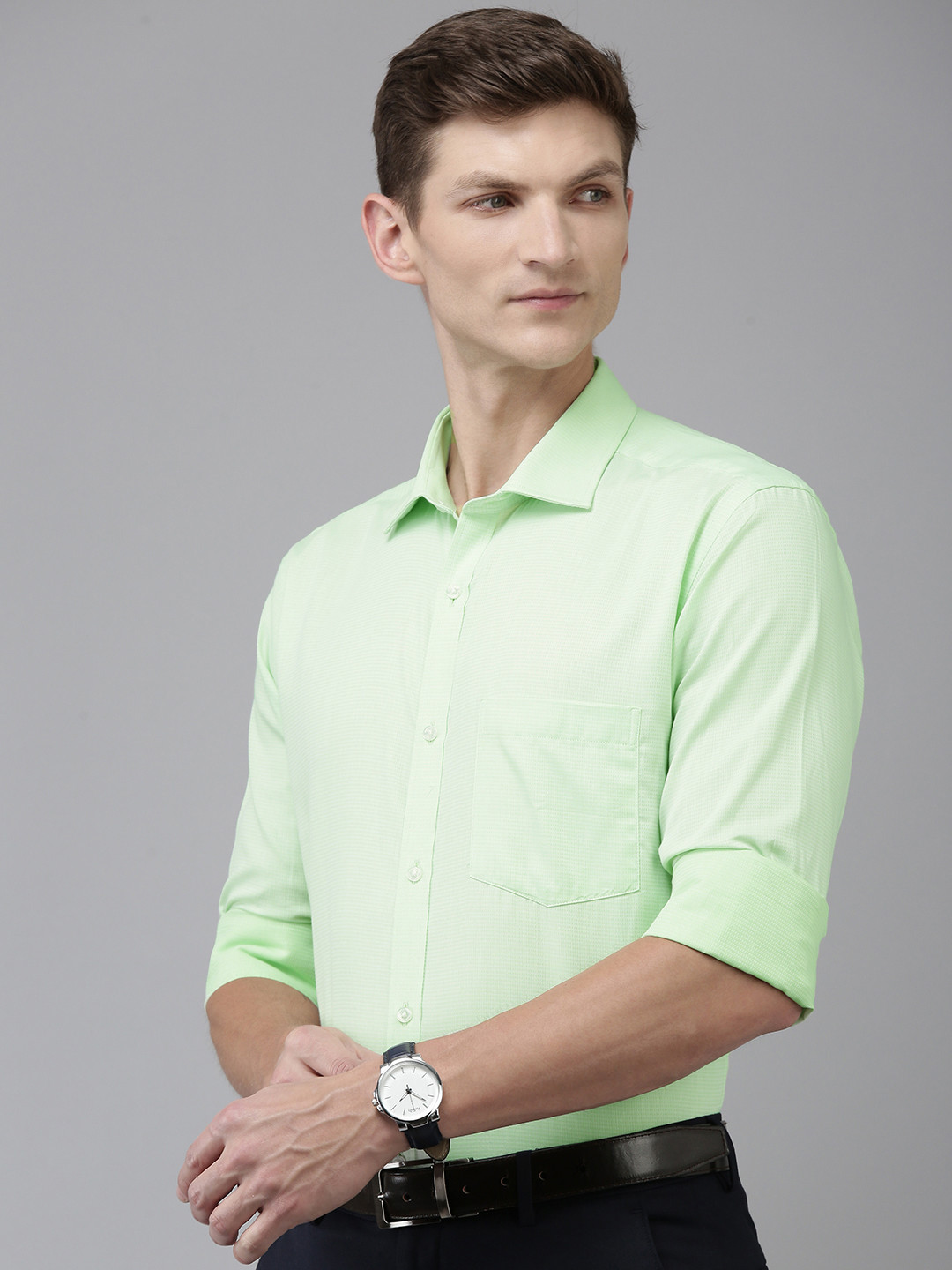 

Park Avenue Slim Fit Textured Pure Cotton Formal Shirt, Green
