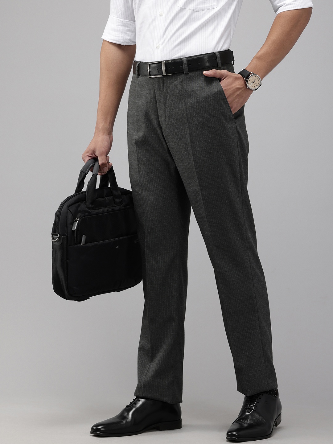 

Park Avenue Men Striped Formal Trousers, Grey