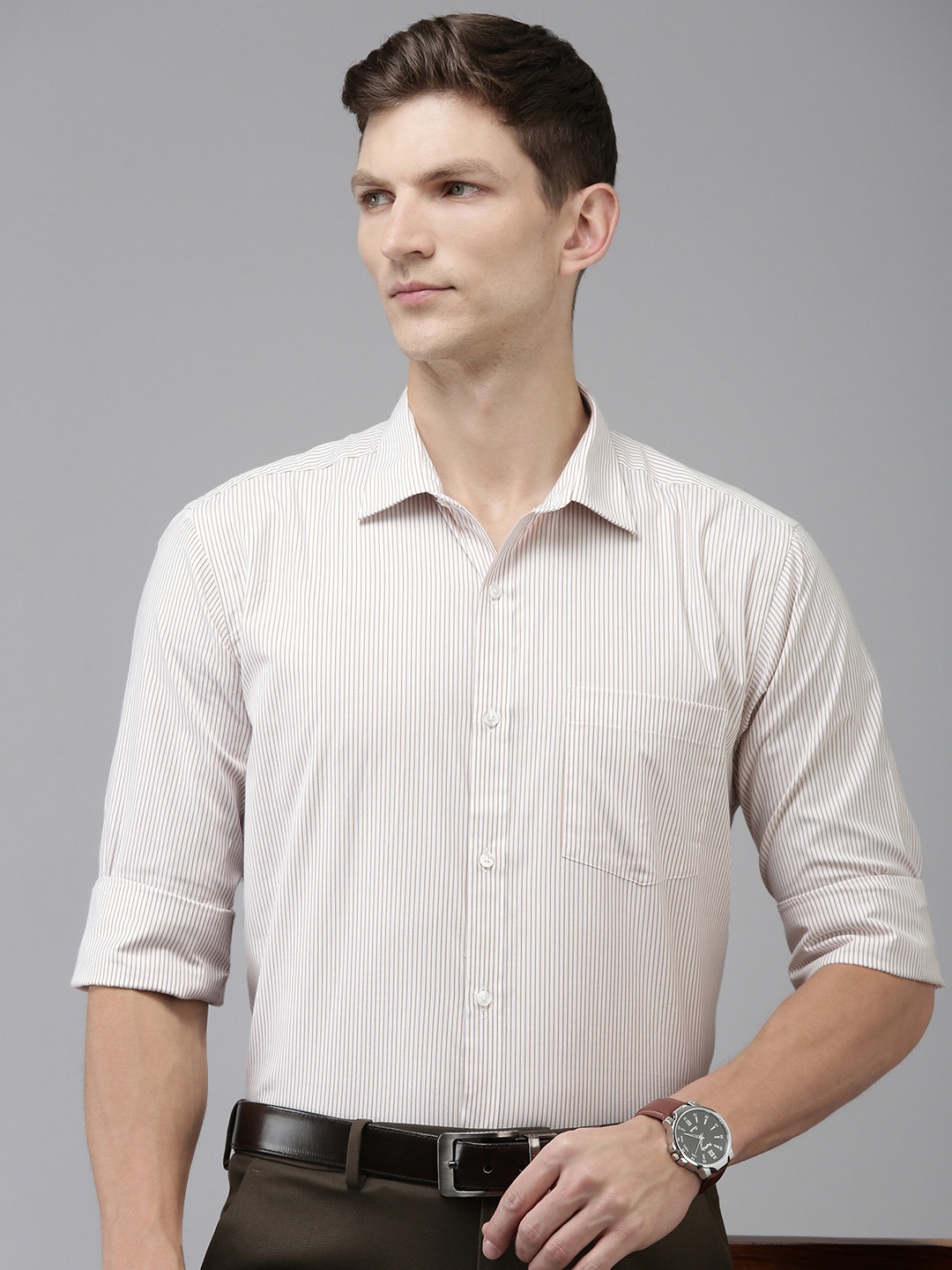 

Park Avenue Slim Fit Opaque Striped Formal Shirt, Beige