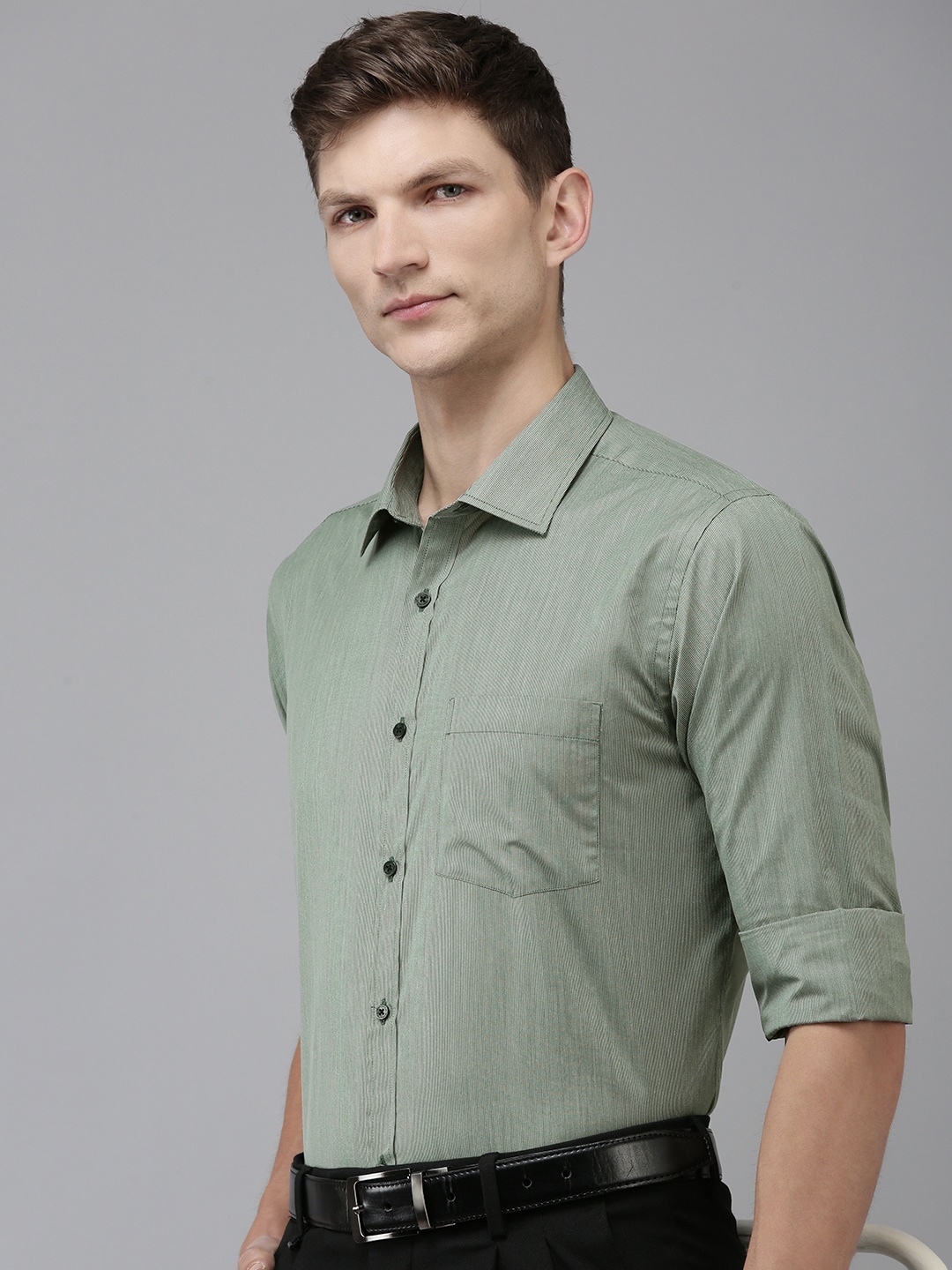 

Park Avenue Slim Fit Self Striped Formal Shirt, Green