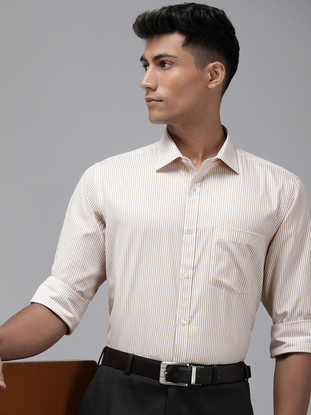 

Park Avenue Slim Fit Opaque Striped Formal Shirt, Beige