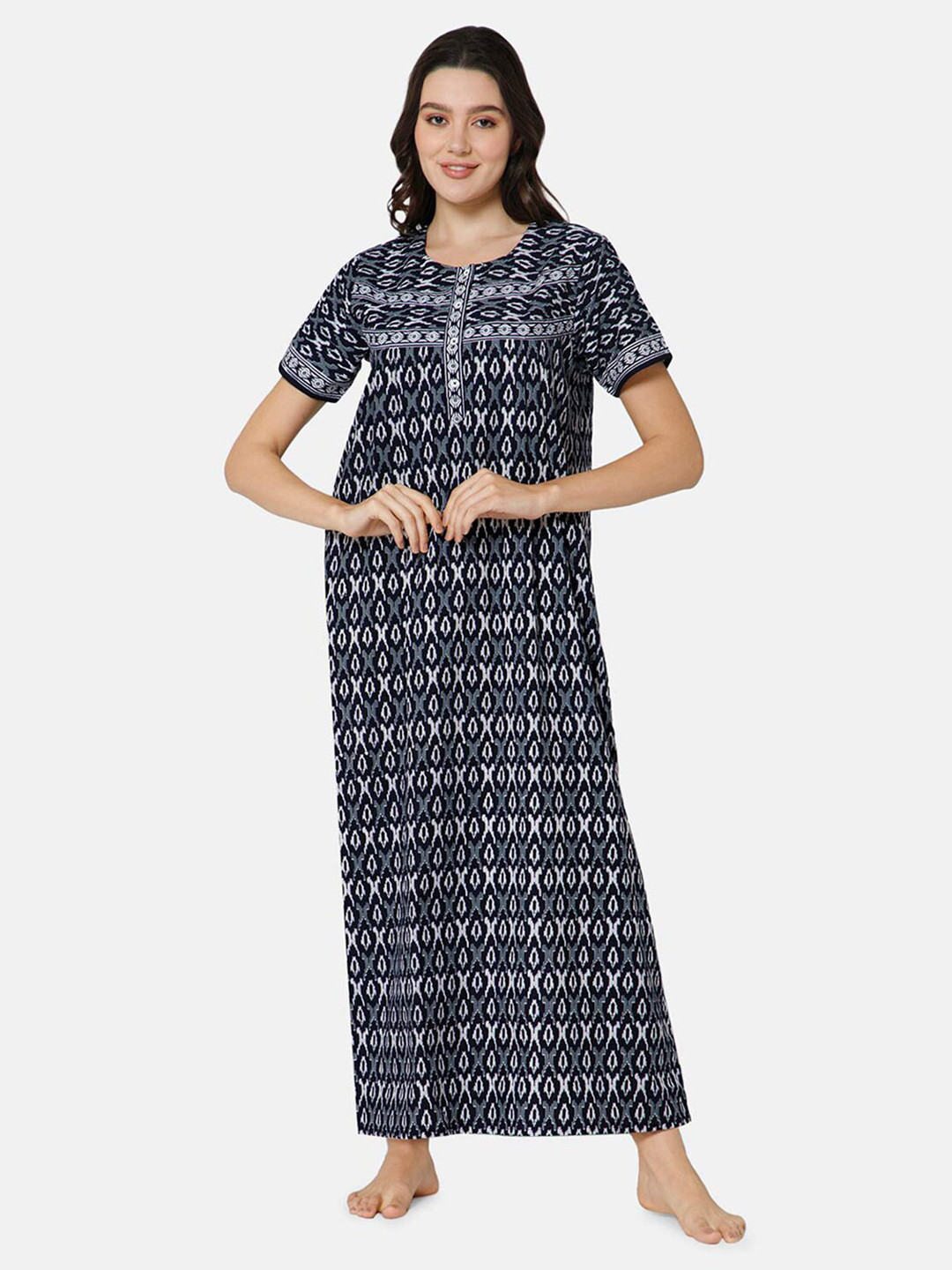

NAIDU HALL Printed Pure Cotton Maxi Nightdress, Navy blue