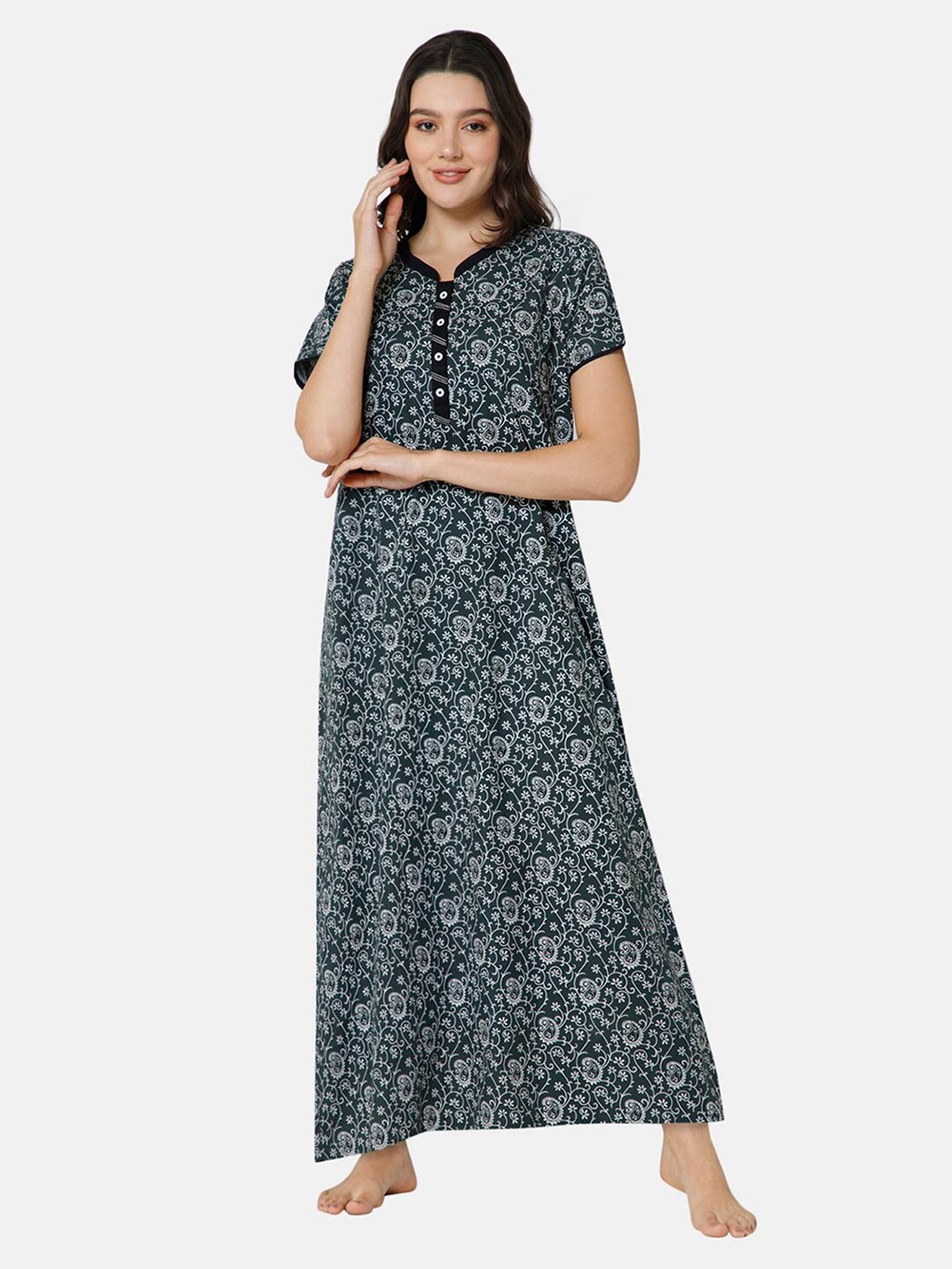 

NAIDU HALL Printed Pure Cotton Maxi Nightdress, Green