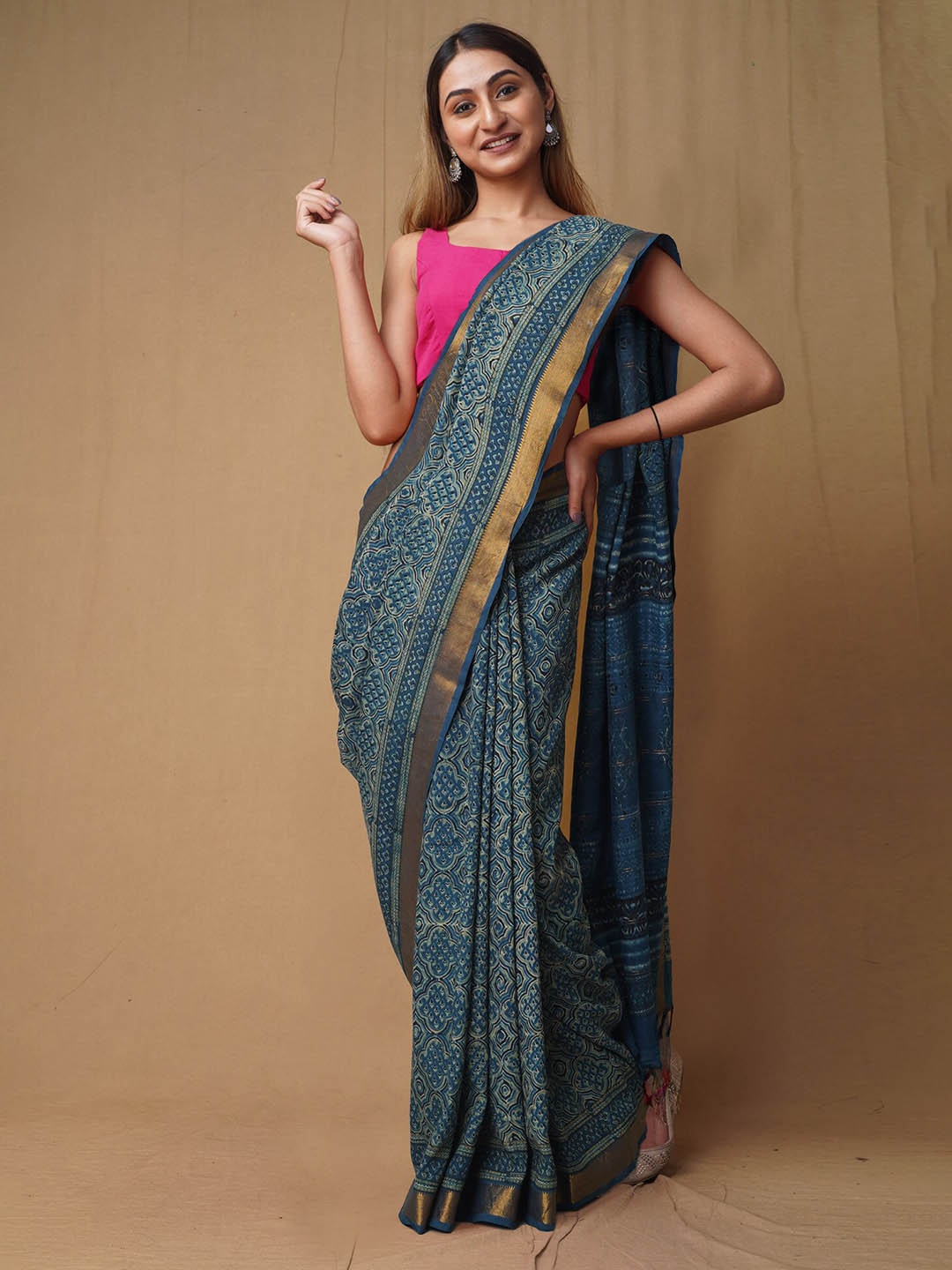 

Unnati Silks Ajrak Block Zari Pure Silk Handloom Chanderi Saree, Blue