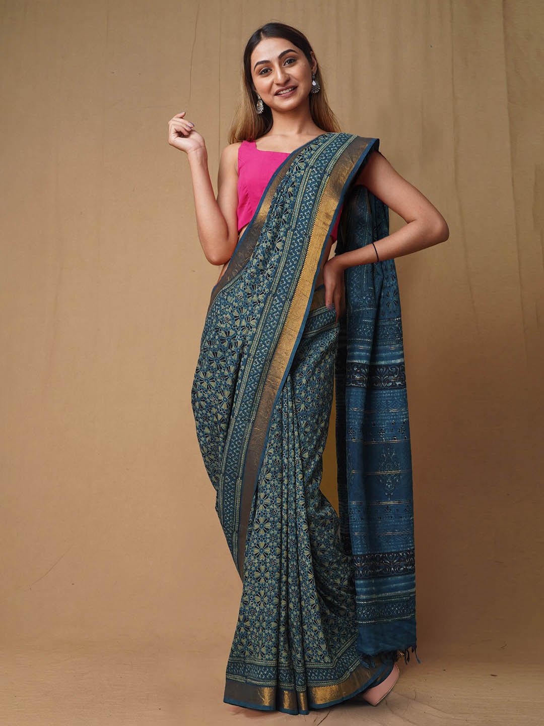 

Unnati Silks Ajrak Block Zari Pure Silk Handloom Chanderi Saree, Blue