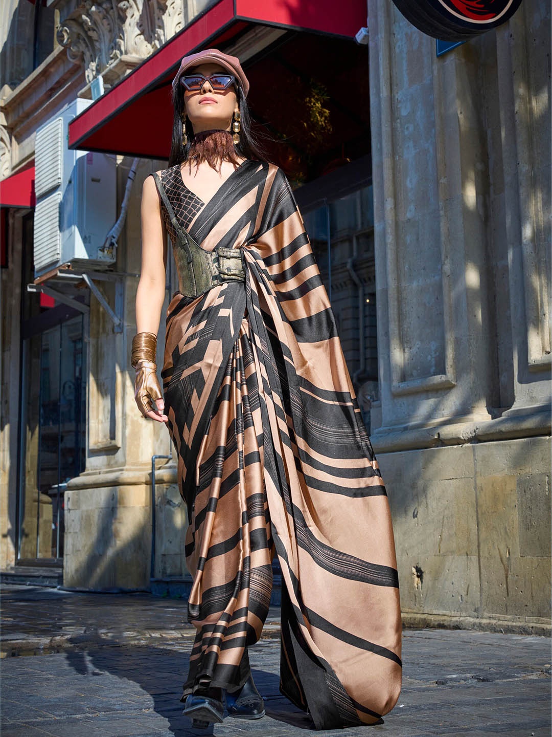

elora Striped Satin Saree, Peach