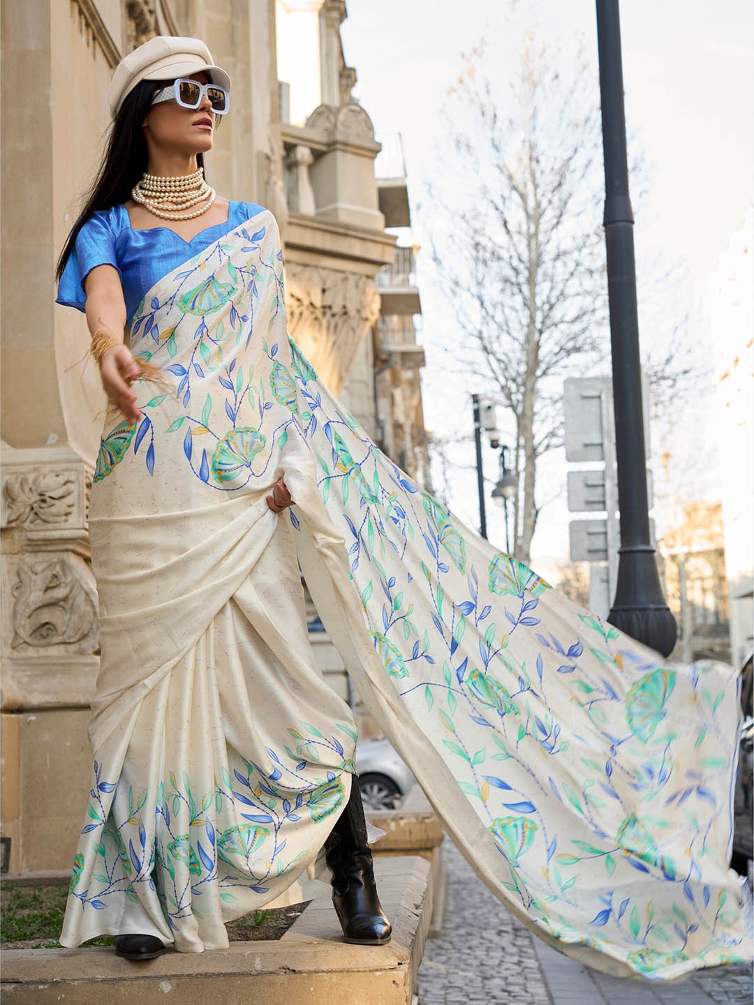 

elora Floral Satin Saree, Off white