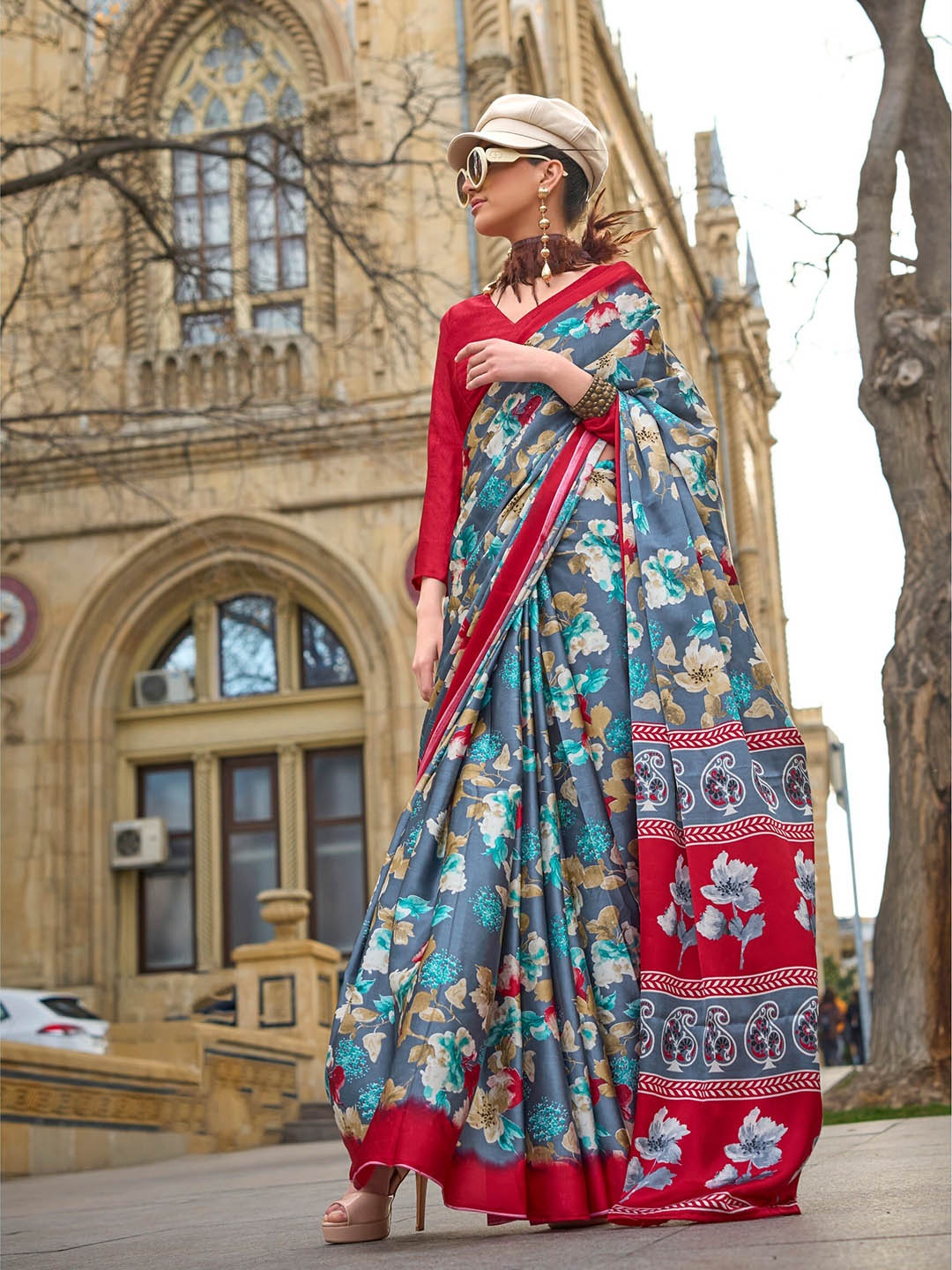 

elora Floral Satin Saree, Blue