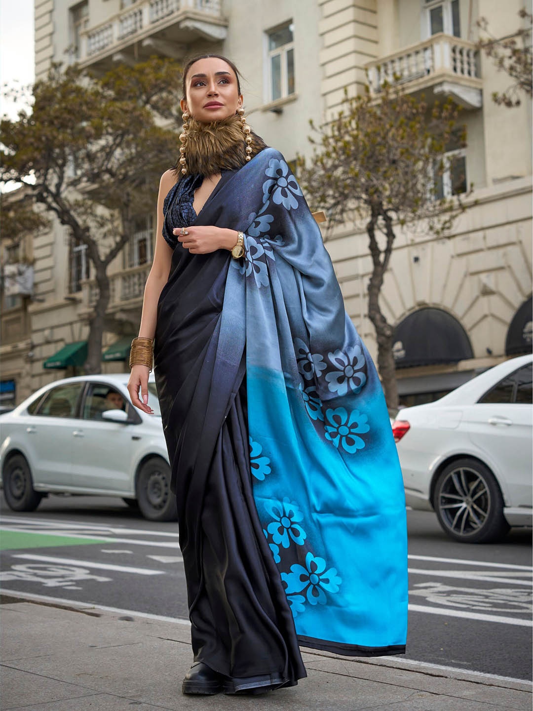 

elora Floral Satin Saree, Black
