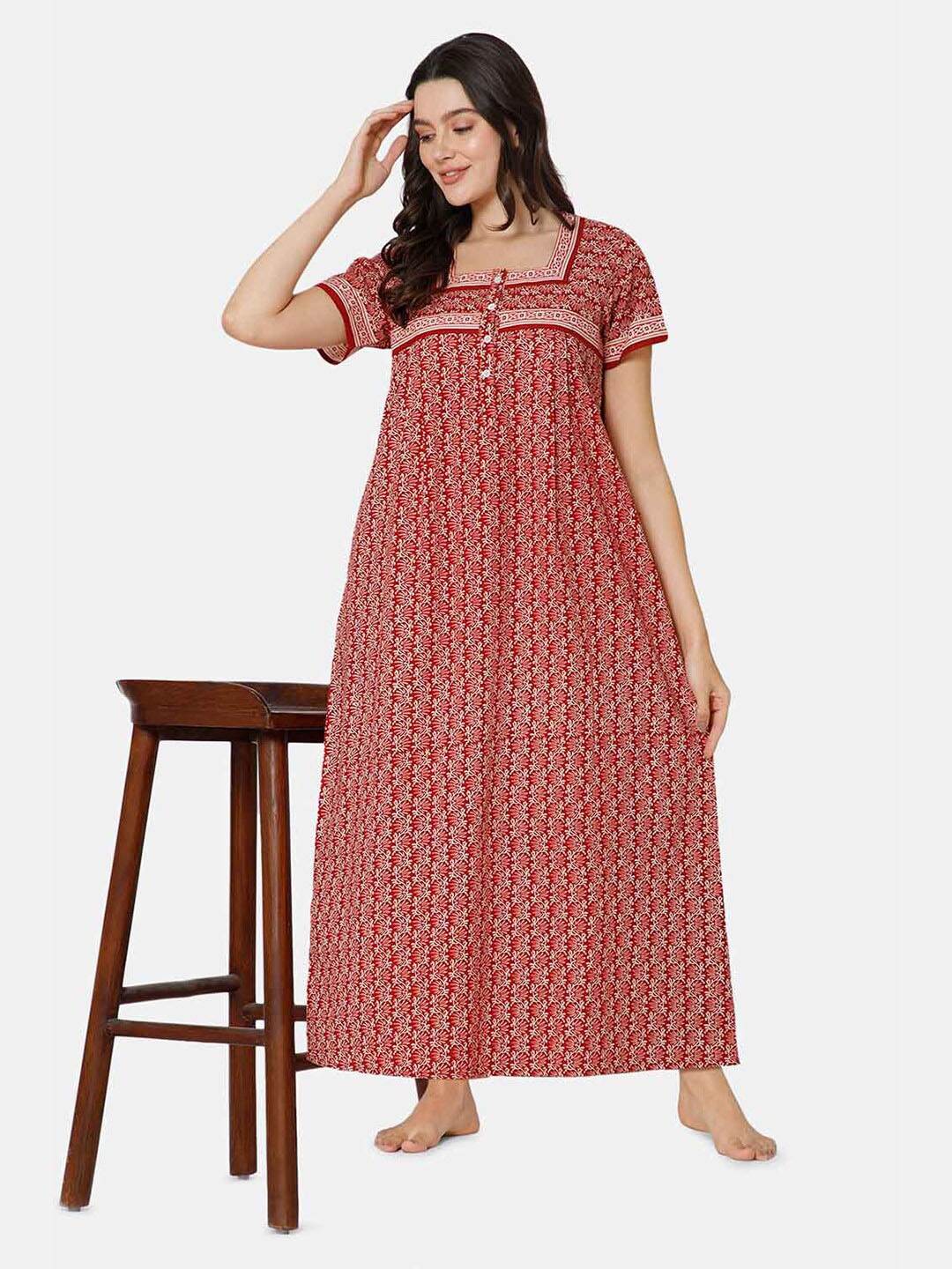 

NAIDU HALL Printed Pure Cotton Maxi Nightdress, Red