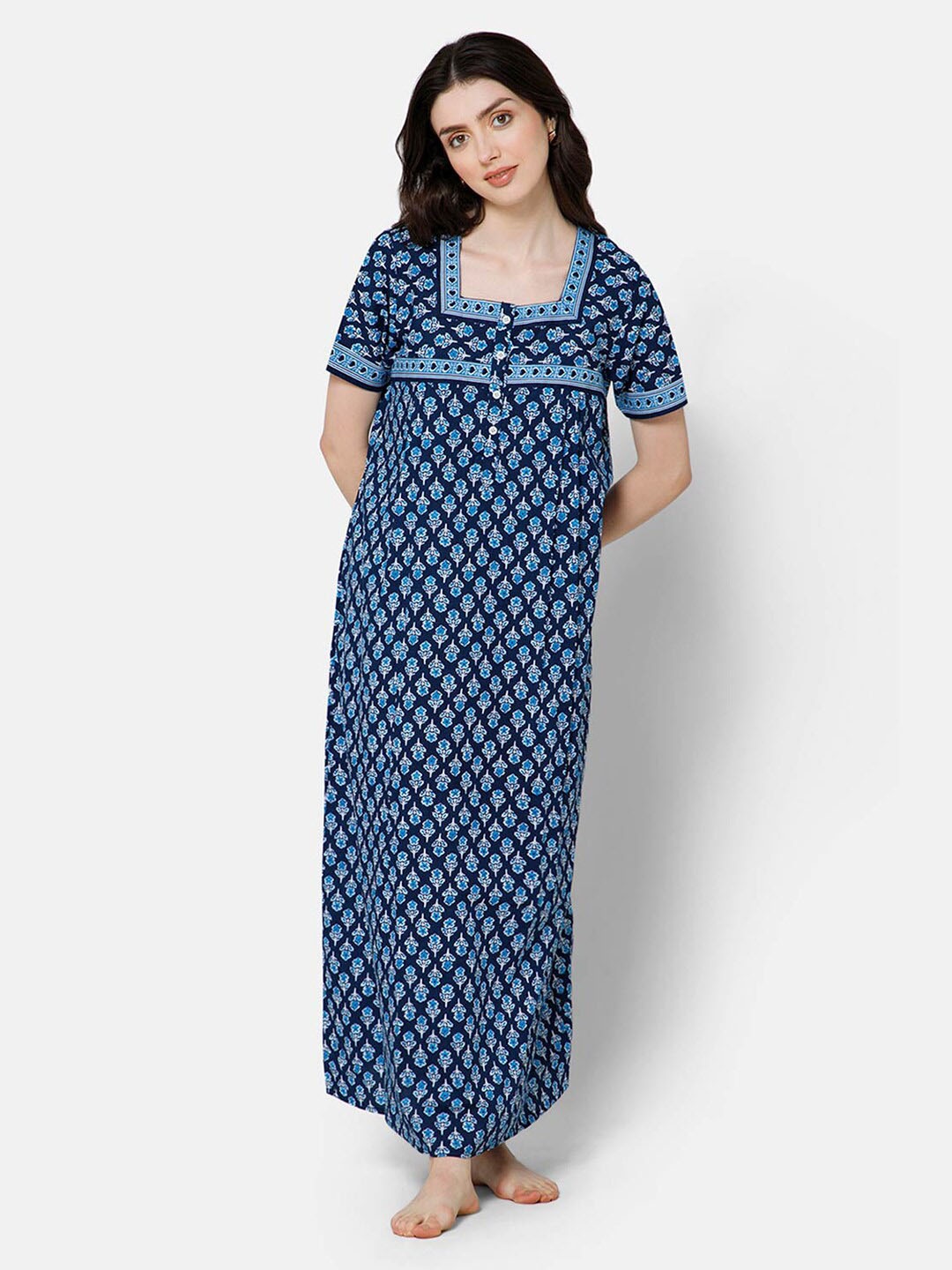 

NAIDU HALL Printed Pure Cotton Maxi Nightdress, Navy blue