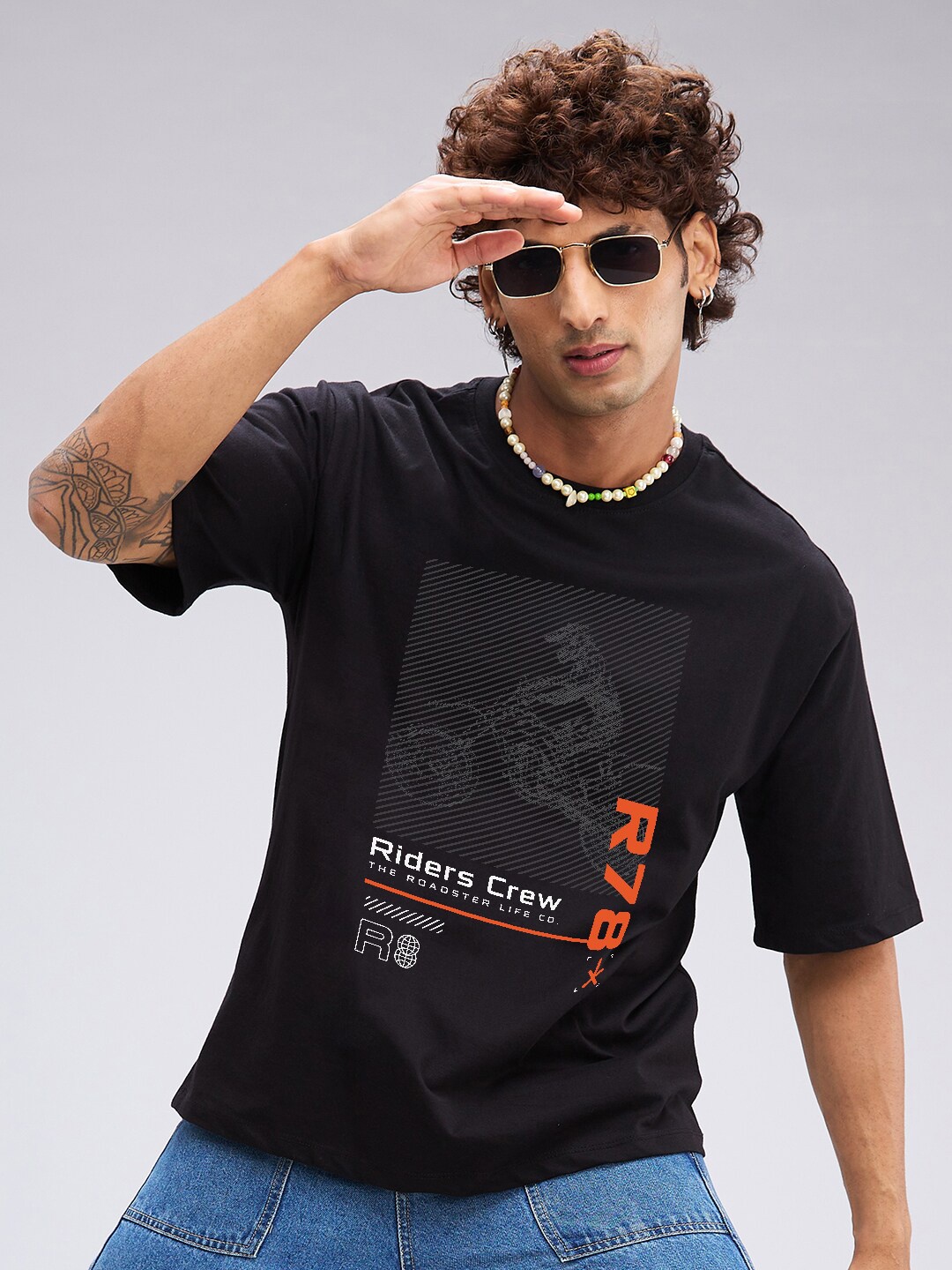 

The Roadster Lifestyle Co. Black Biker Printed Cotton Oversized Casual T-Shirts