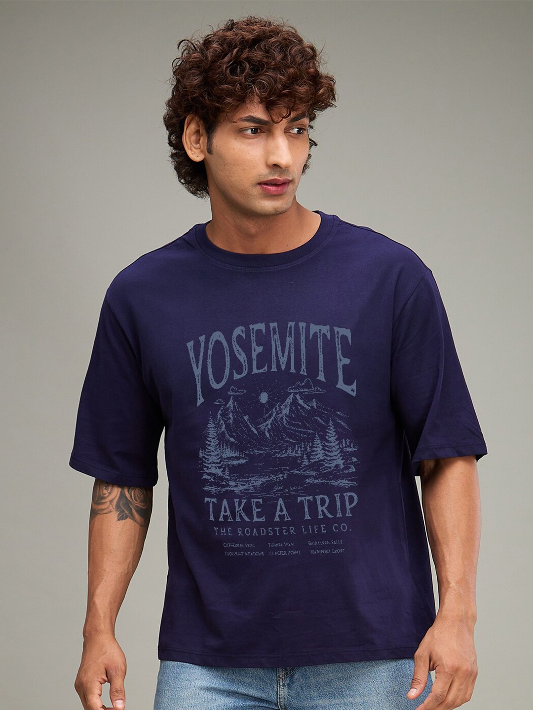 

The Roadster Lifestyle Co. Navy Blue Typography Printed Cotton Casual Oversized T-shirt