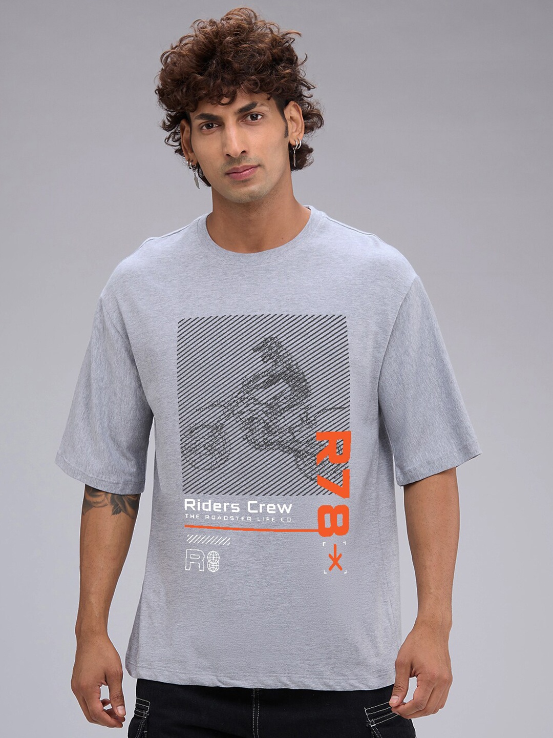 

The Roadster Lifestyle Co. Grey Melange Biker Printed Cotton Oversized T-shirt
