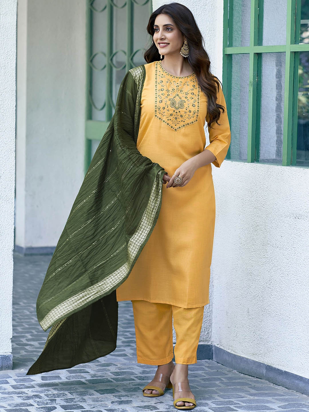 

KALINI Round Neck Yoke Design Regular Thread Work Kurta with Trousers & With Dupatta, Yellow