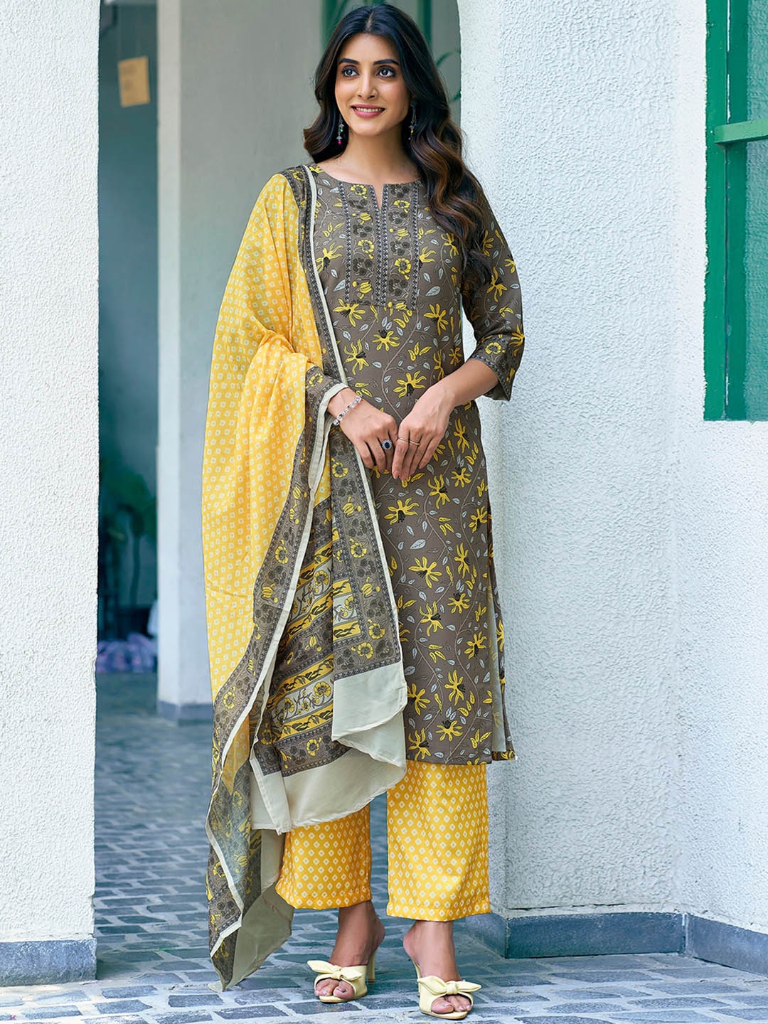 

KALINI Floral Printed Gotta Patti Kurta With Trousers & Dupatta, Yellow
