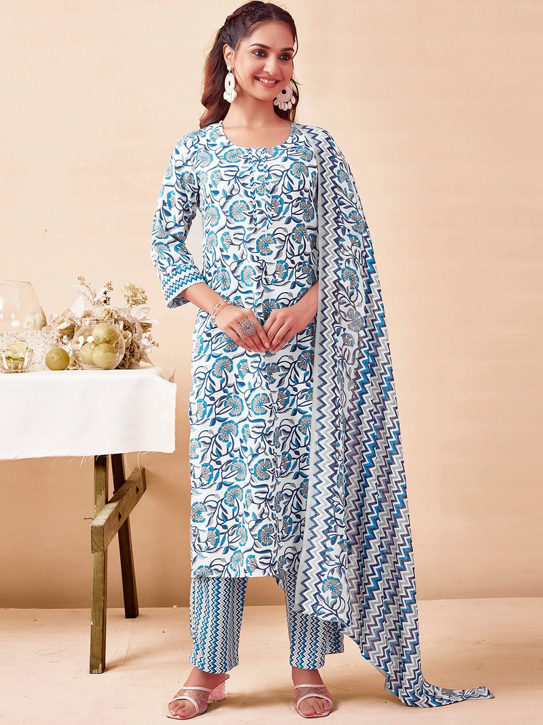 

KALINI Floral Printed Straight Kurta with Trousers & Dupatta, Blue
