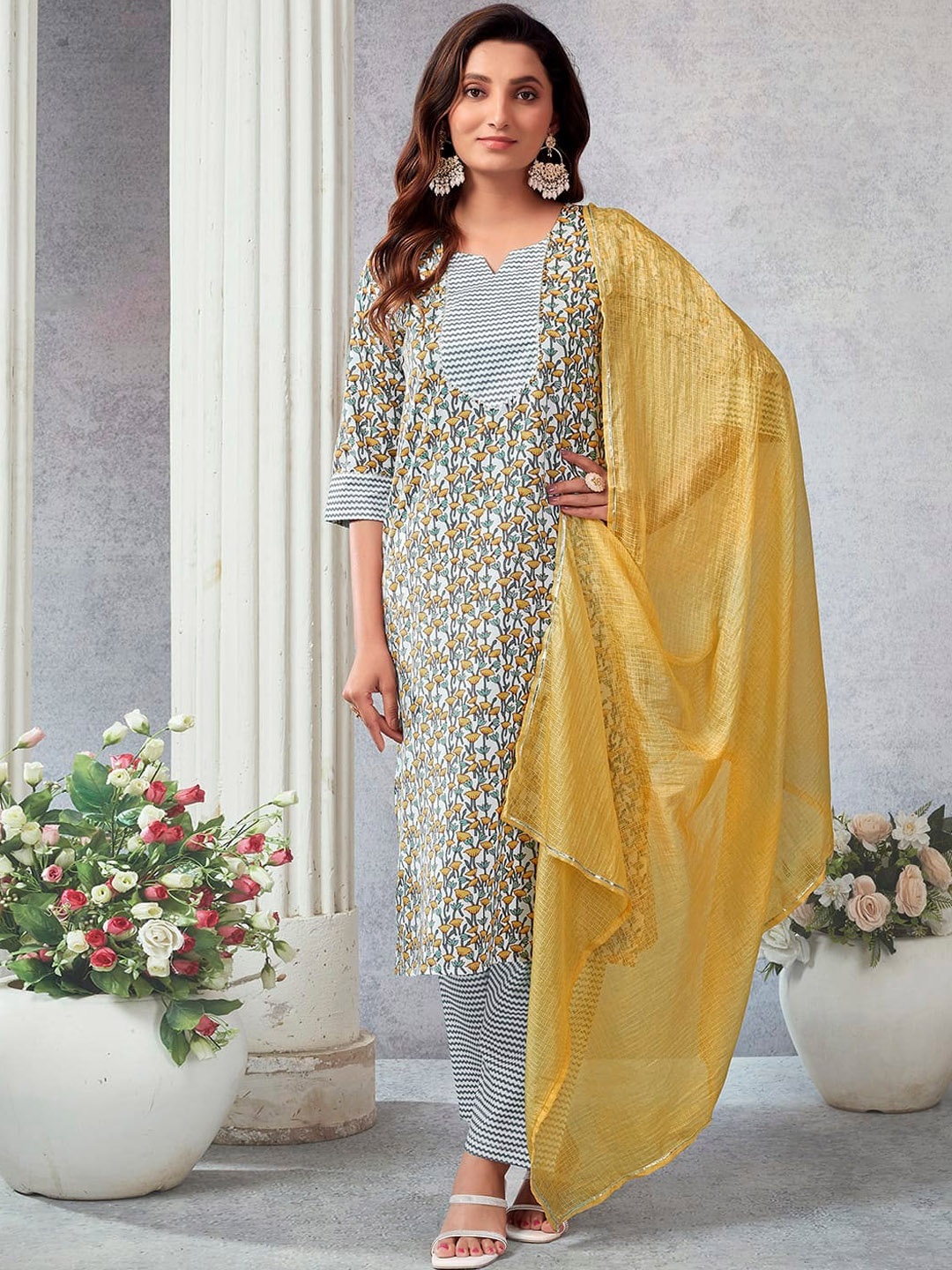 

KALINI Floral Printed Notch Neck Straight Kurta with Trousers & Dupatta, White