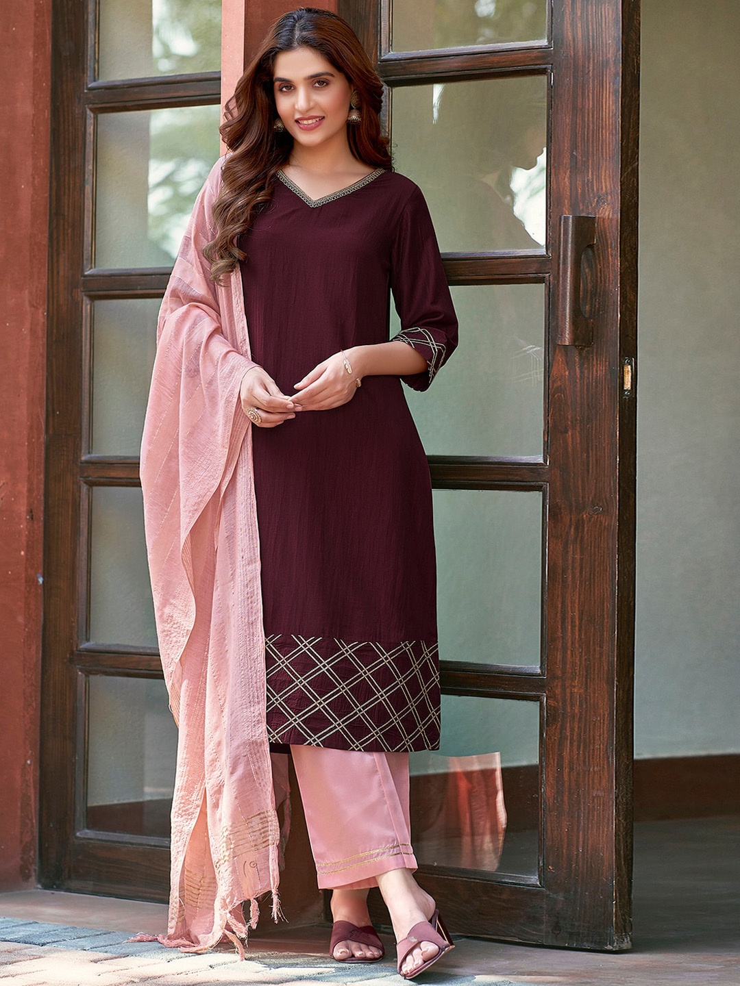 

KALINI V-Neck Three-Quarter Sleeves Gotta Patti Kurta with Trousers & With Dupatta, Maroon