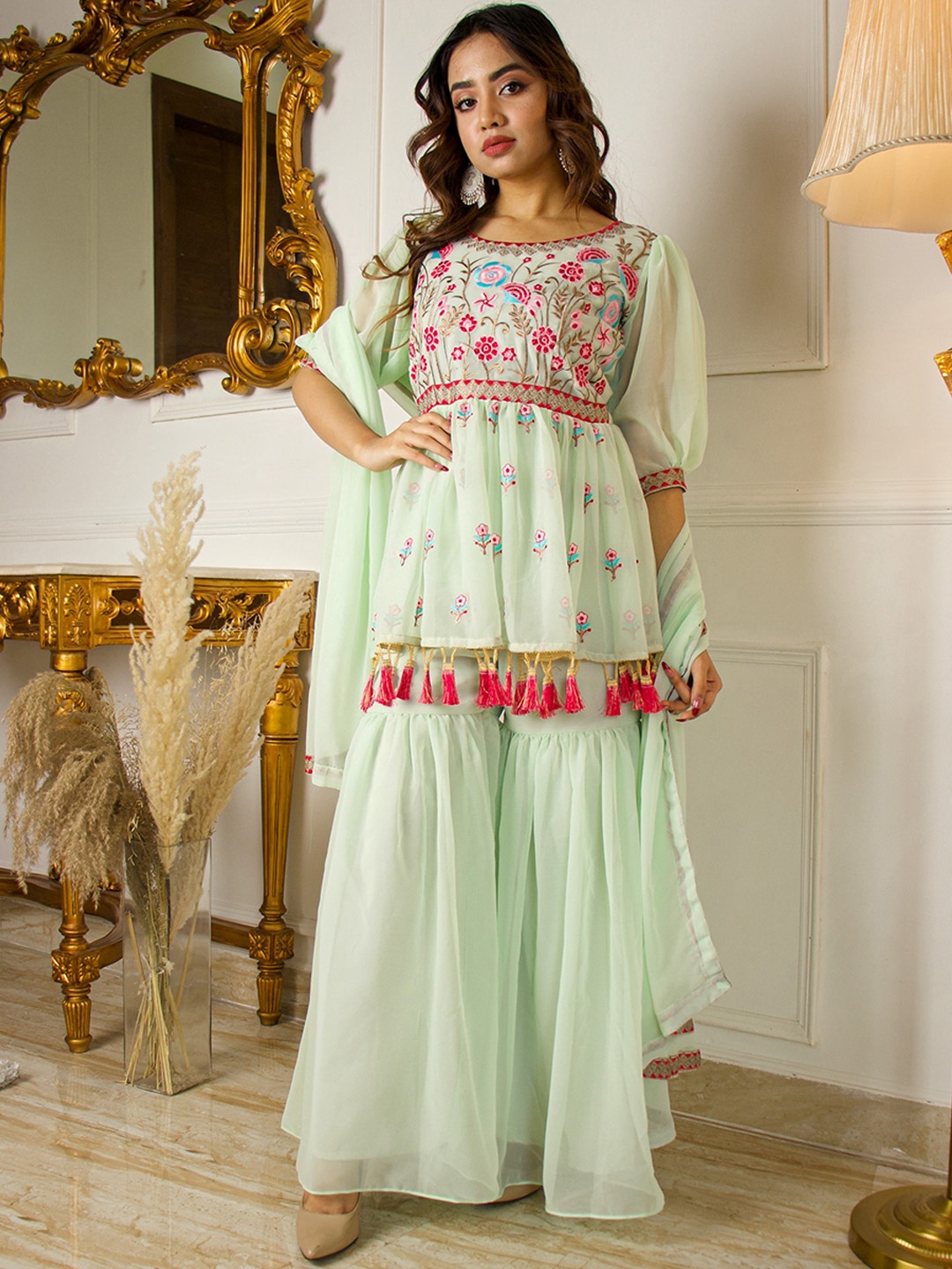 

KALINI Floral Embroidered Empire Puffed Sleeves Anarkali Kurti With Sharara & Dupatta, Green