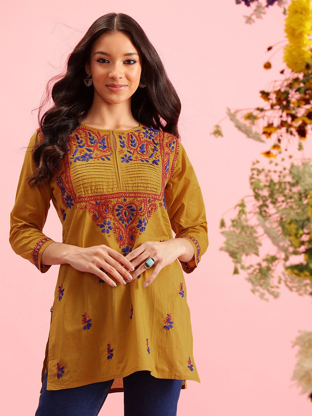 

ADA Ethnic Motifs Embroidered Thread Work Pure Cotton Kurti, Mustard