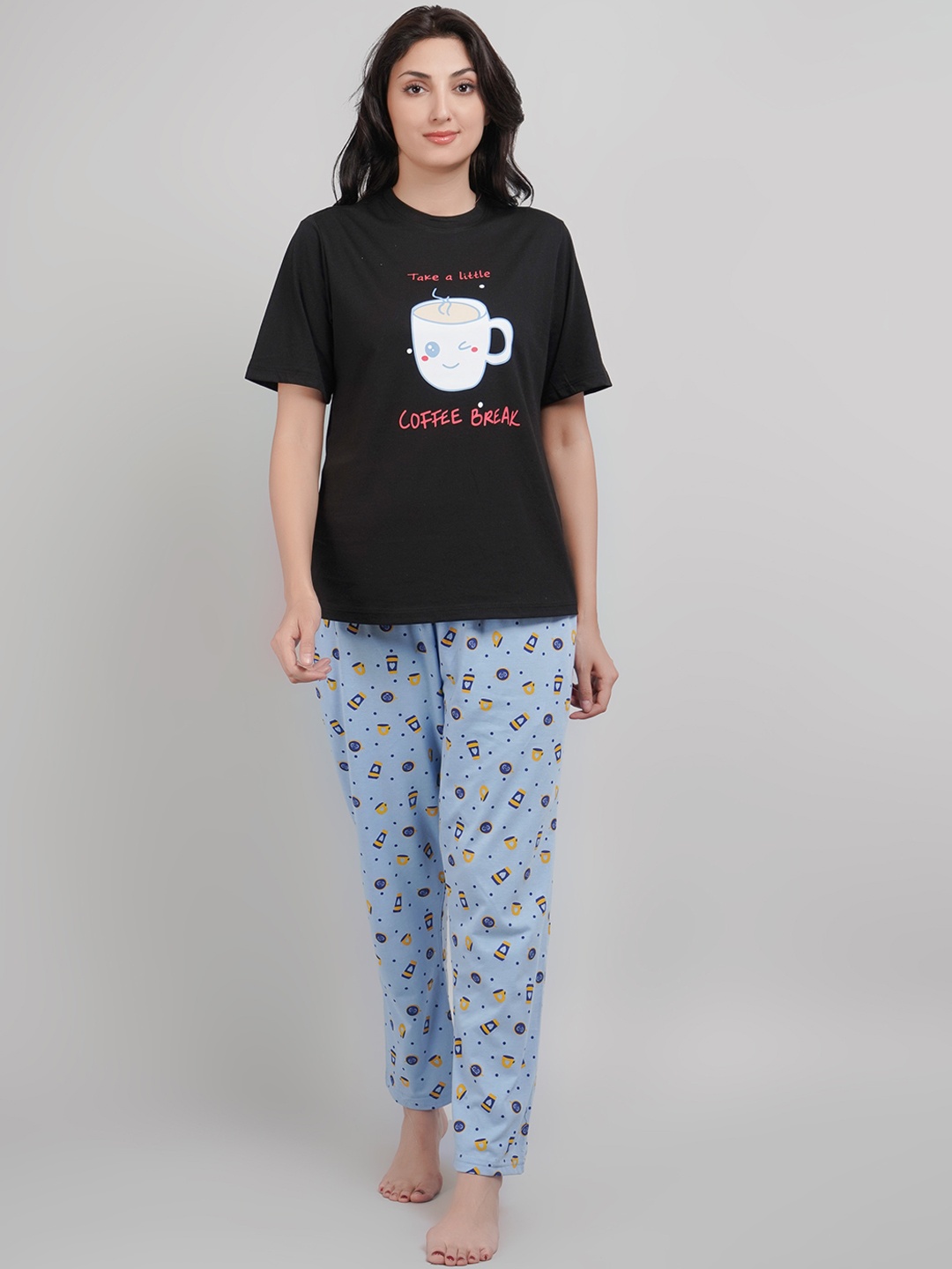 

Lugo Printed Round Neck Night suit, Black