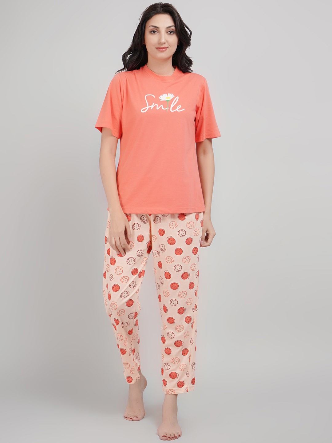 

Lugo Printed Round Neck Night suit, Peach
